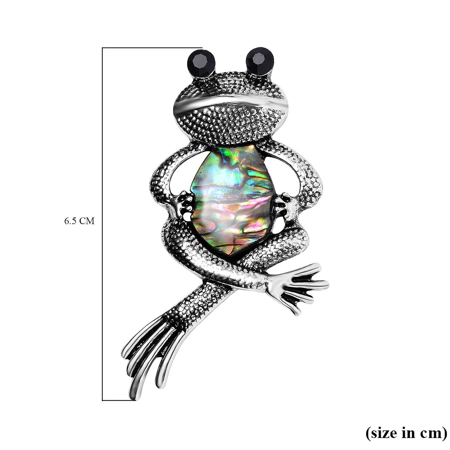 Black Austrian Crystal Abalone Shell Frog Brooch in Antique Silver Tone