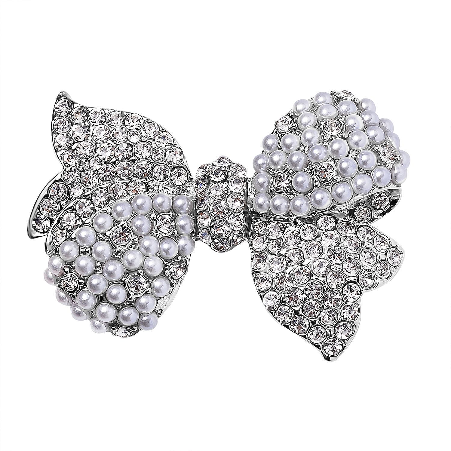 Designer Inspired - White Austrian Crystal Bow Tie Brooch in Silver Tone