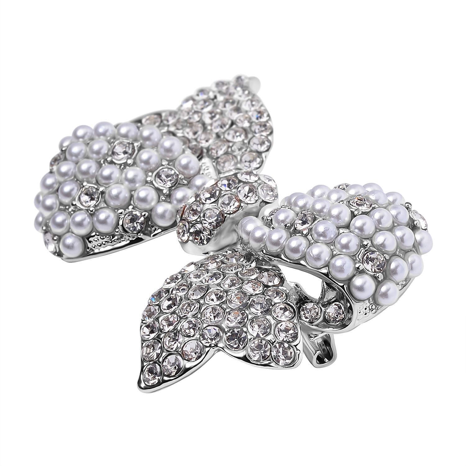 Designer Inspired - White Austrian Crystal Bow Tie Brooch in Silver Tone