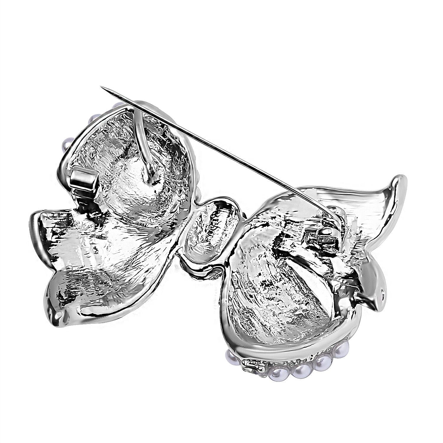 Designer Inspired - White Austrian Crystal Bow Tie Brooch in Silver Tone