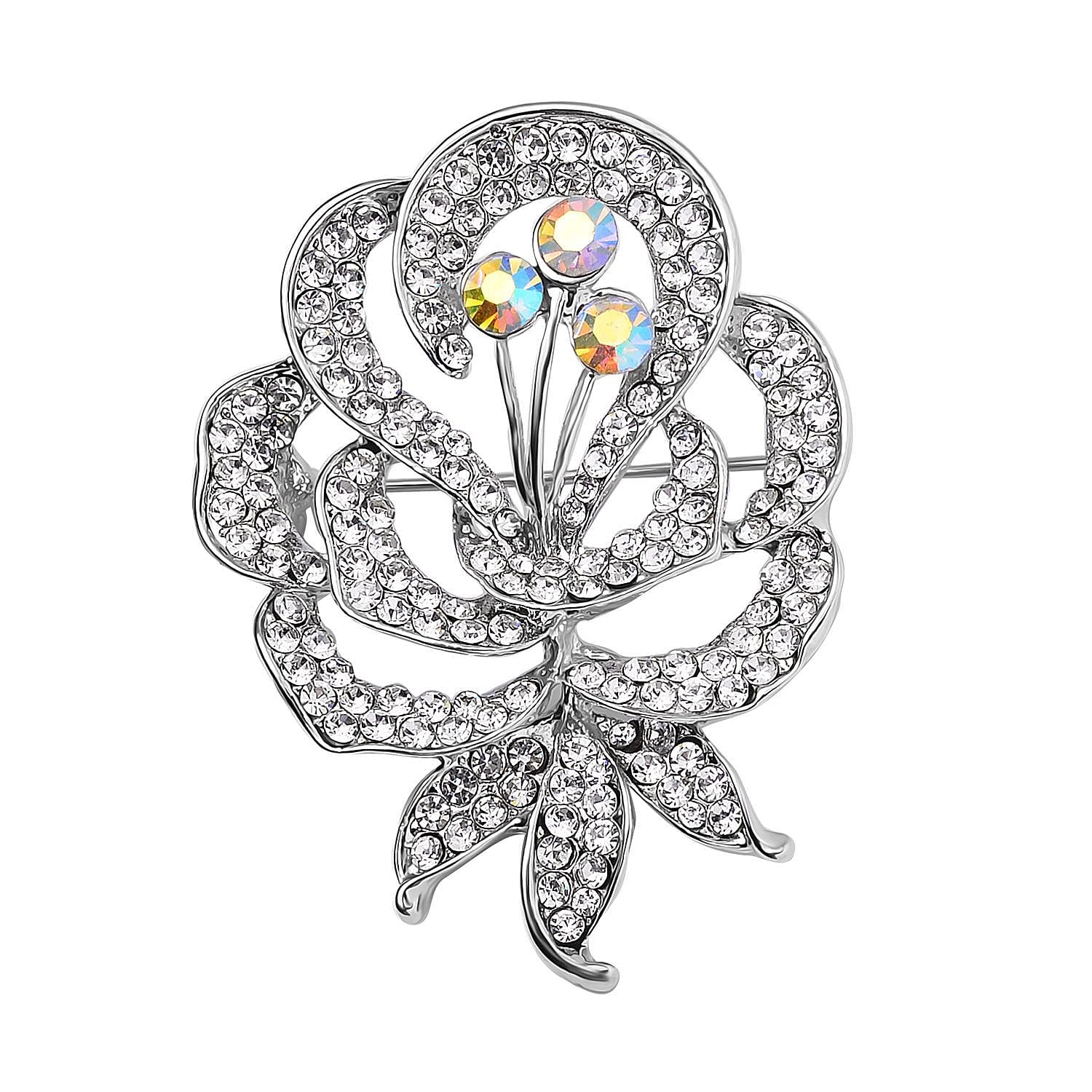 Simulated Mystic White Crystal & Austrian White Crystal Rose Brooch