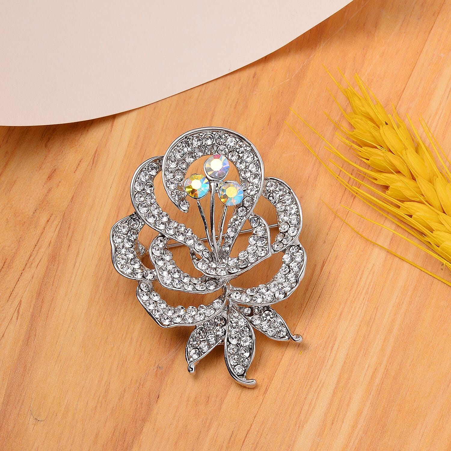 Simulated Mystic White Crystal & Austrian White Crystal Rose Brooch