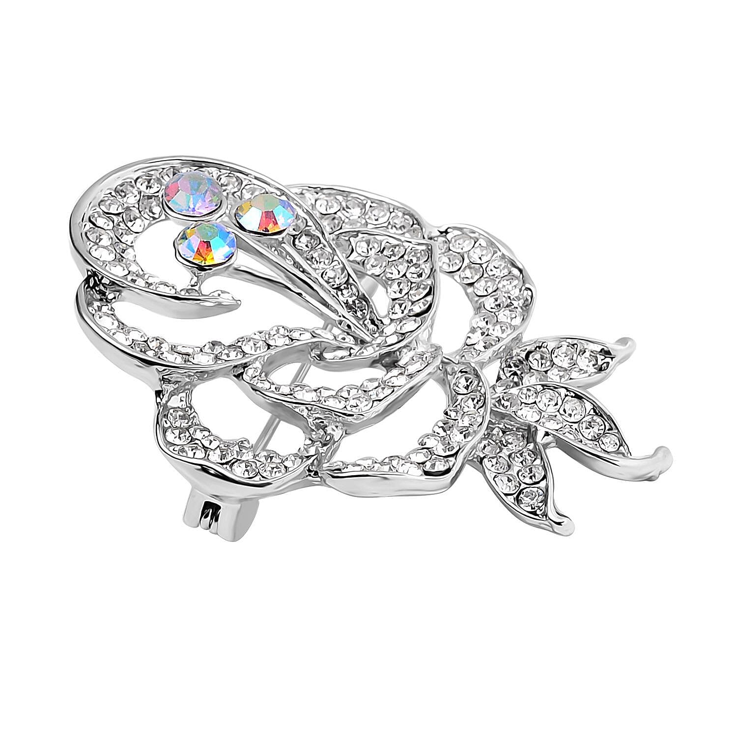 Simulated Mystic White Crystal & Austrian White Crystal Rose Brooch