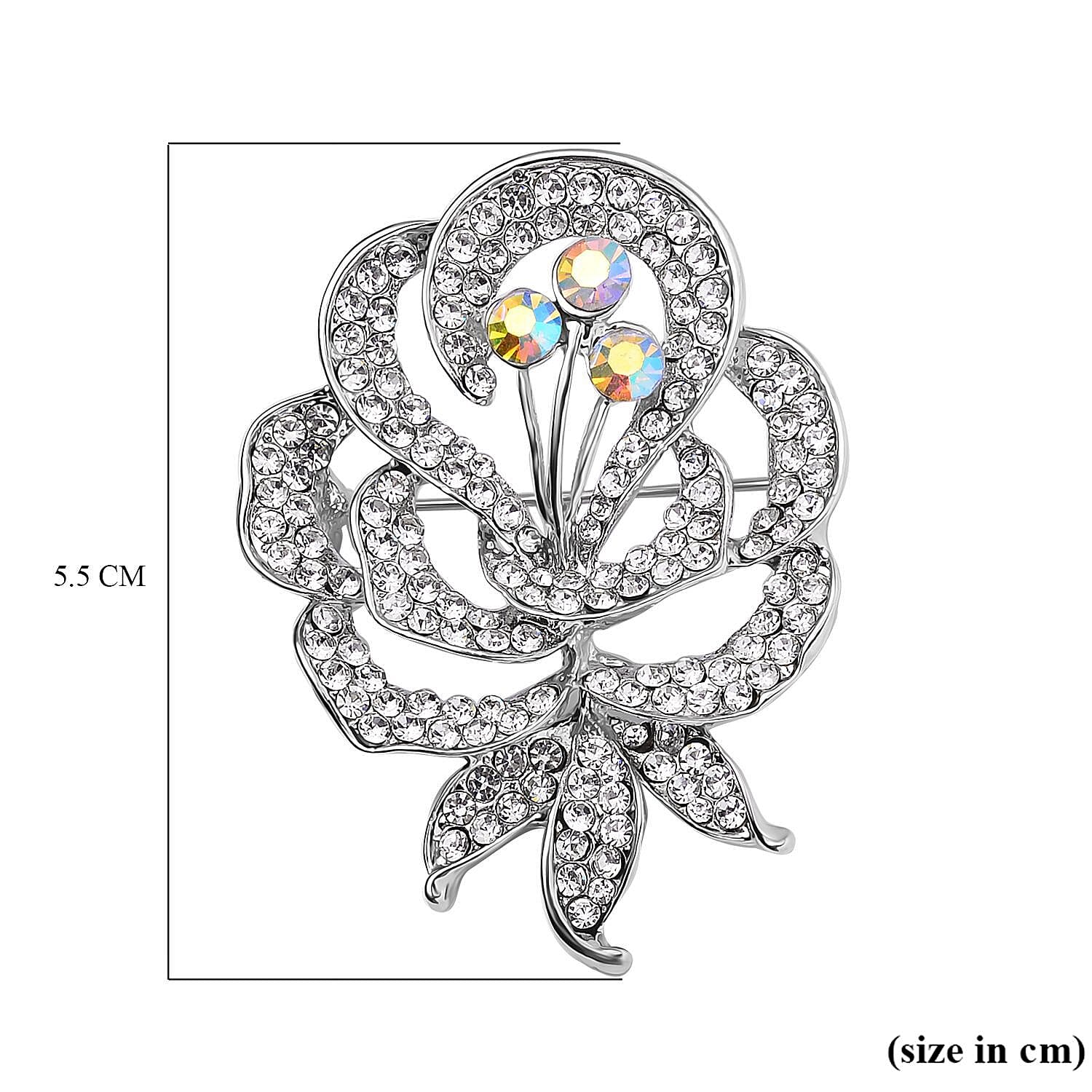 Simulated Mystic White Crystal & Austrian White Crystal Rose Brooch