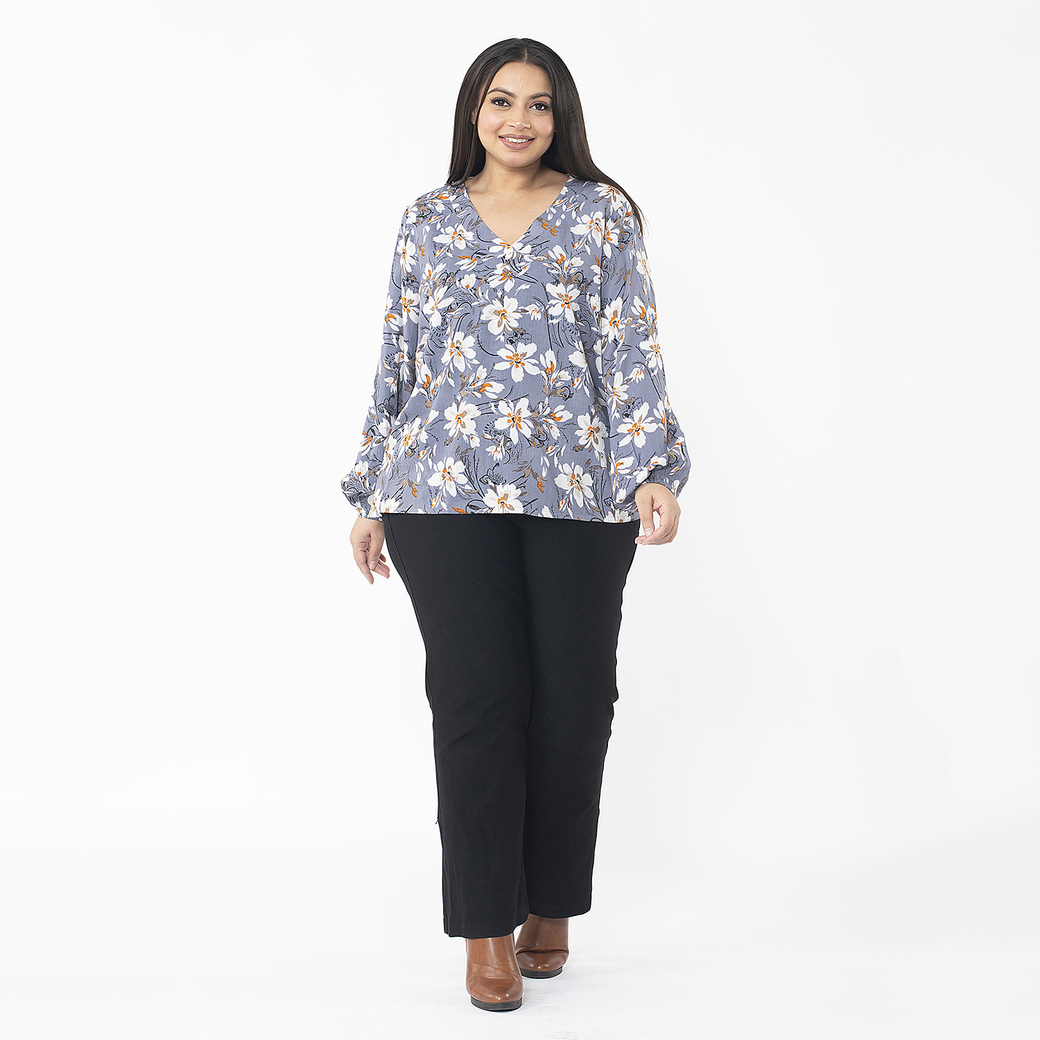 TAMSY 100% Viscose Floral Printed V Neck Full Sleeve Top with Elastic at Cuffs (Size S, 8-10) - Grey