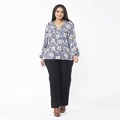 TAMSY 100% Viscose Floral Printed V Neck Full Sleeve Top with Elastic at Cuffs (Size S, 8-10) - Grey