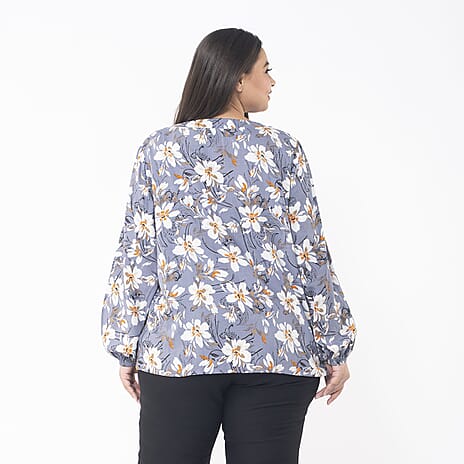 TAMSY 100% Viscose Floral Printed V Neck Full Sleeve Top with Elastic at Cuffs (Size S, 8-10) - Grey