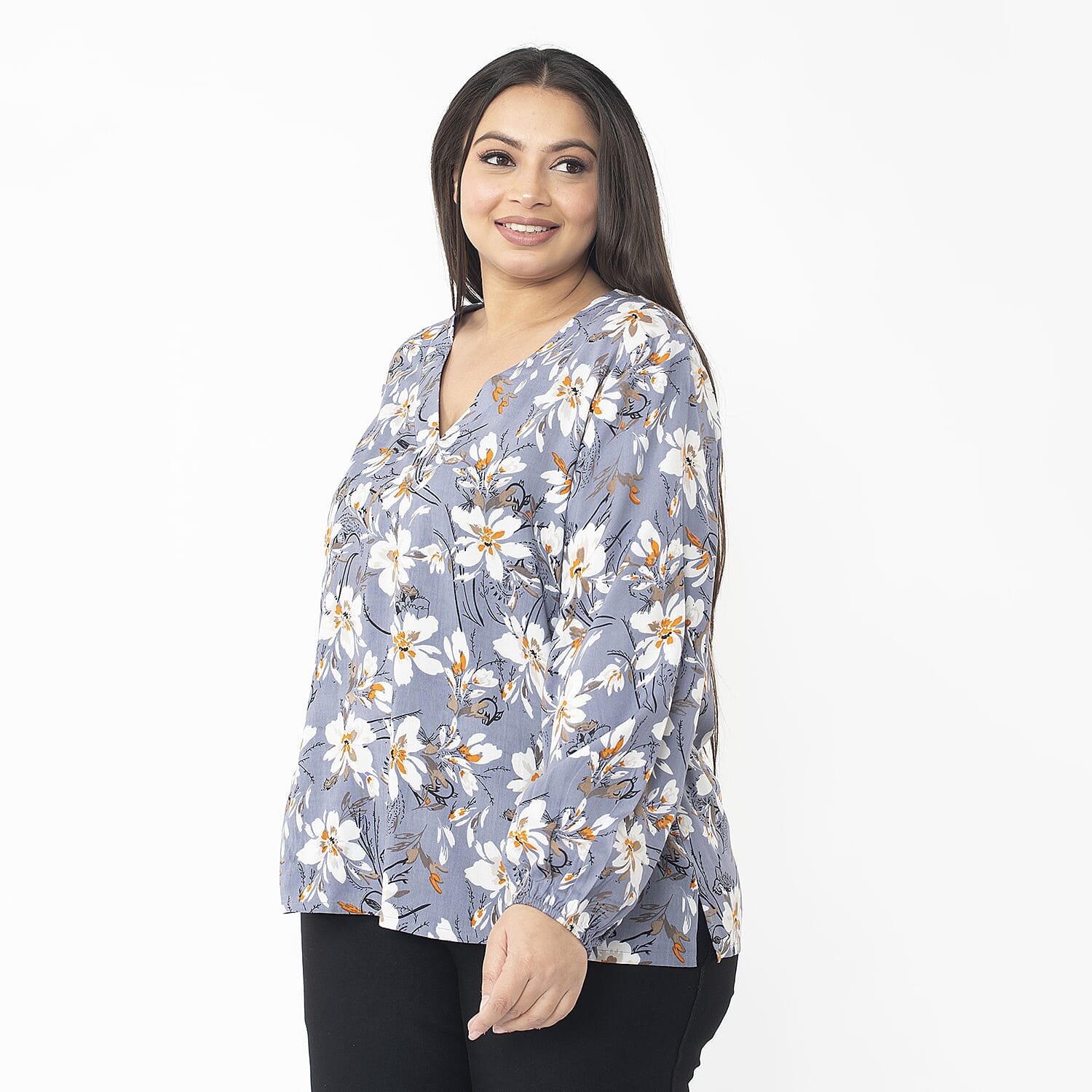  TAMSY Viscose Floral Printed V Neck Full Sleeve Top with Elastic at Cuffs - Navy