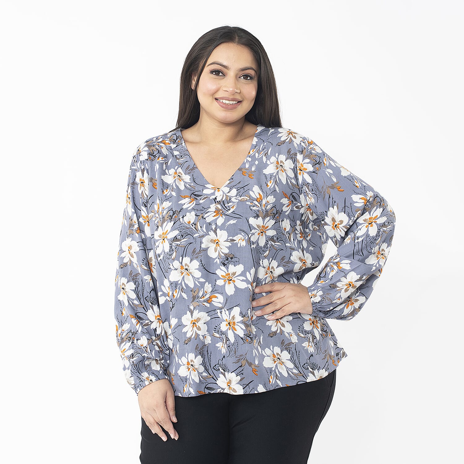  TAMSY Viscose Floral Printed V Neck Full Sleeve Top with Elastic at Cuffs - Navy