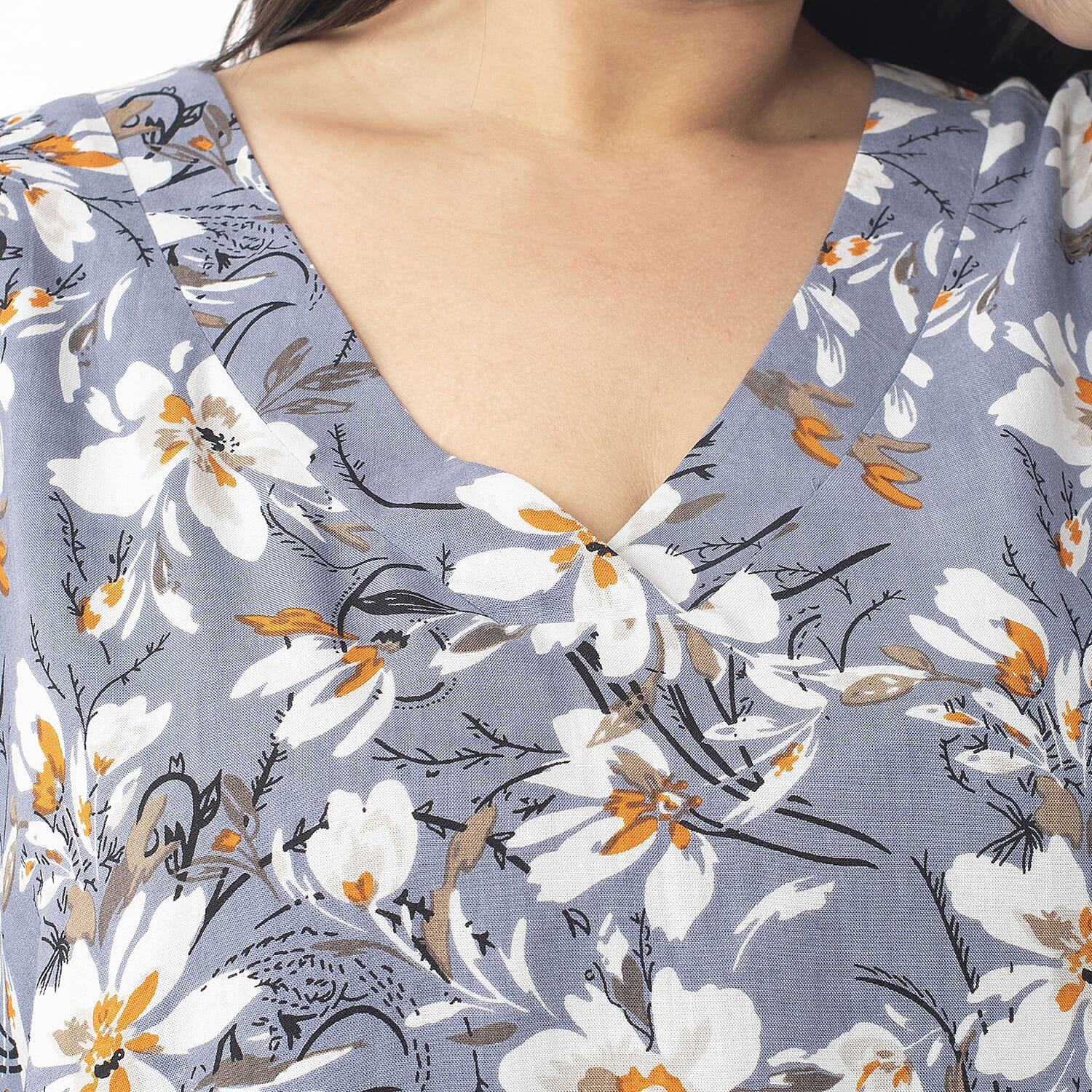  TAMSY Viscose Floral Printed V Neck Full Sleeve Top with Elastic at Cuffs - Navy