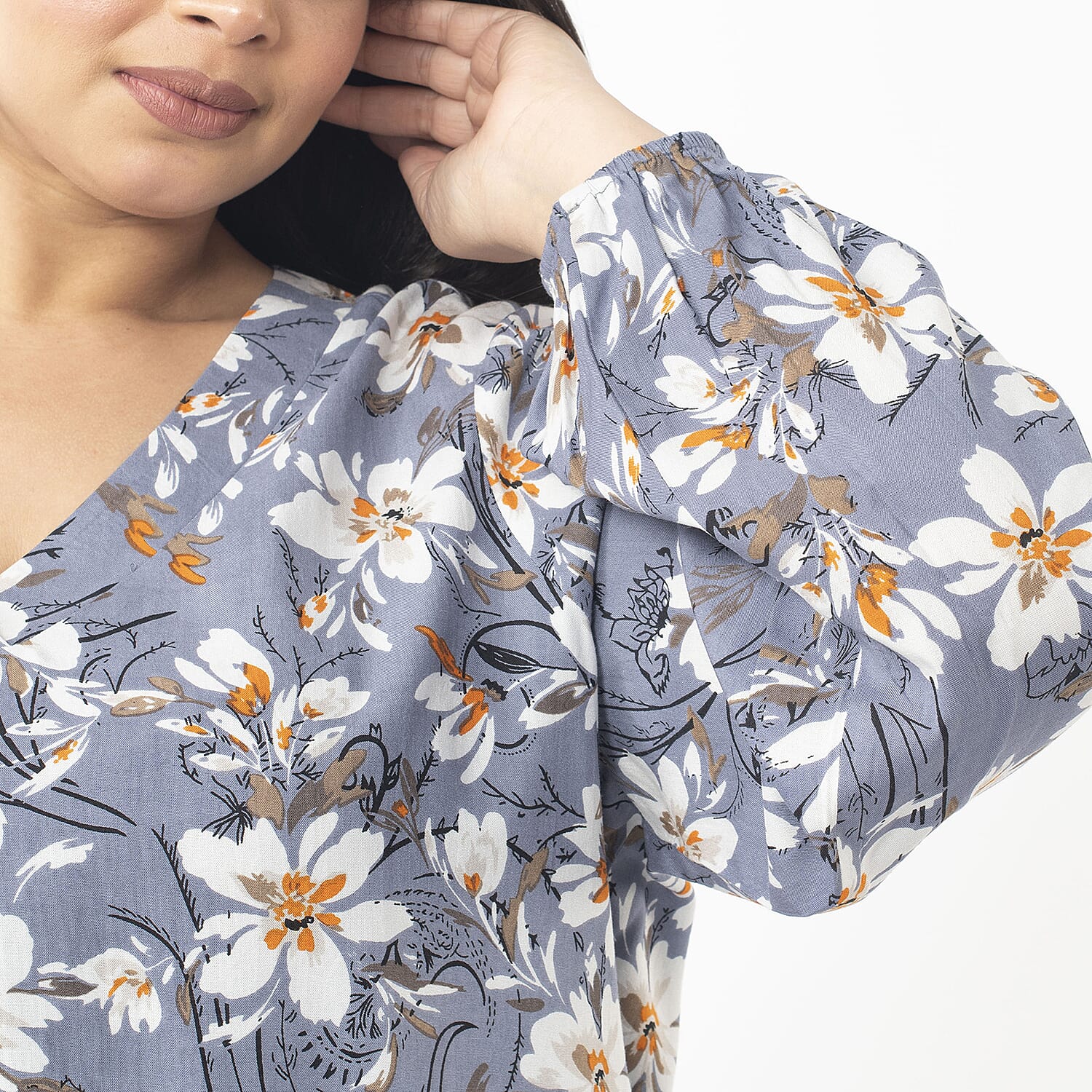  TAMSY Viscose Floral Printed V Neck Full Sleeve Top with Elastic at Cuffs - Navy