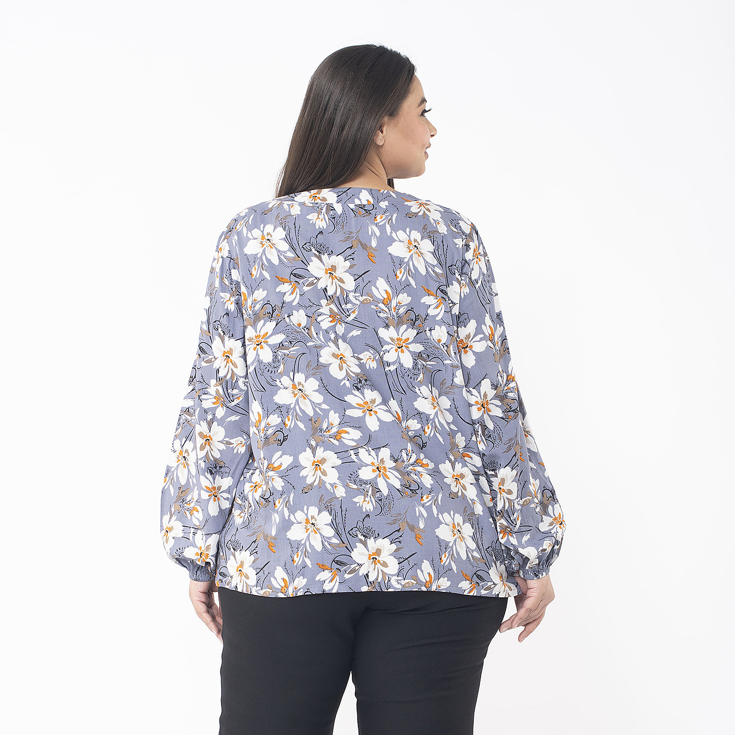 TAMSY 100% Viscose Floral Printed V Neck Full Sleeve Top with Elastic at Cuffs (Size M, 12-14) - Grey