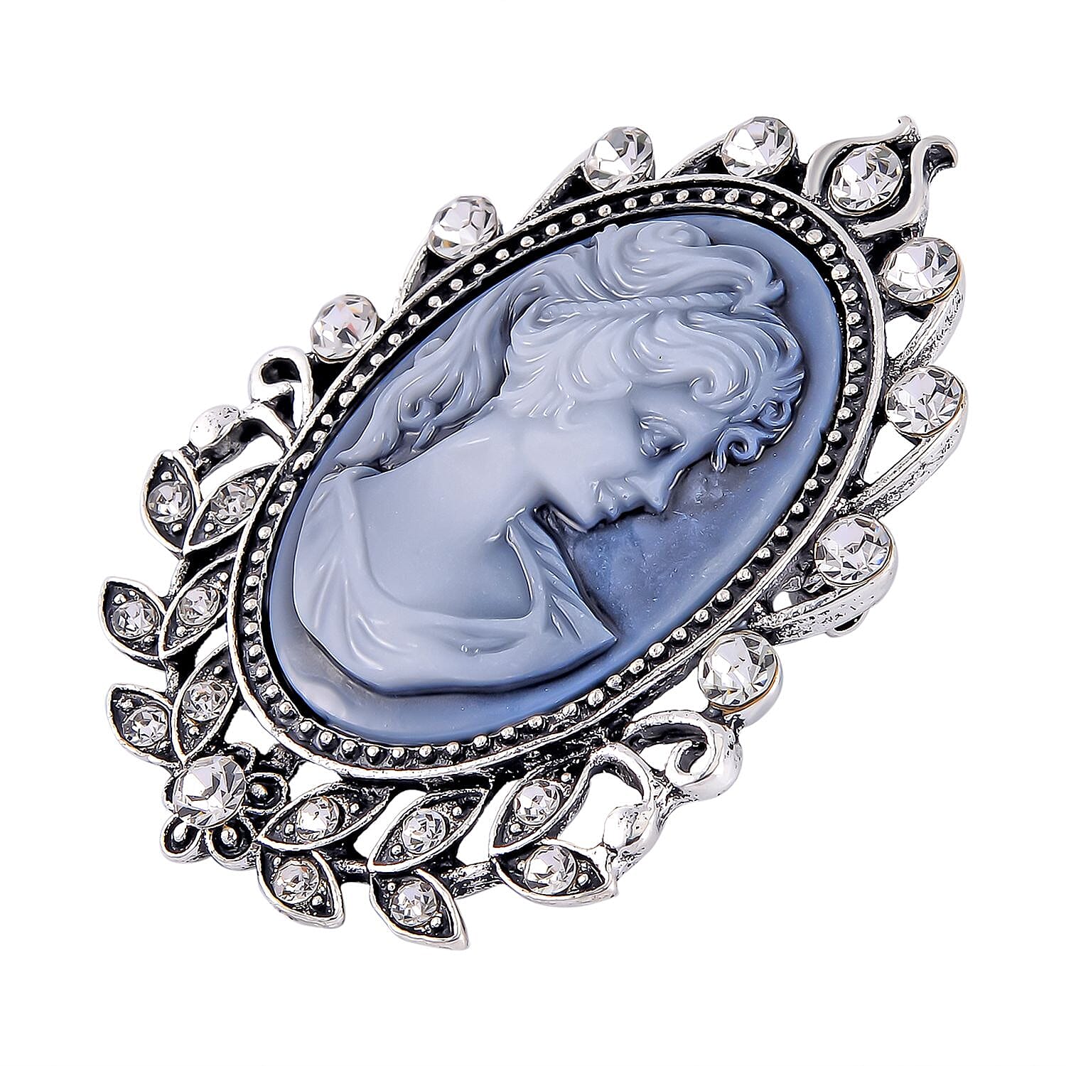 White Austrian Crystal Cameo Brooch in Antique Silver Tone