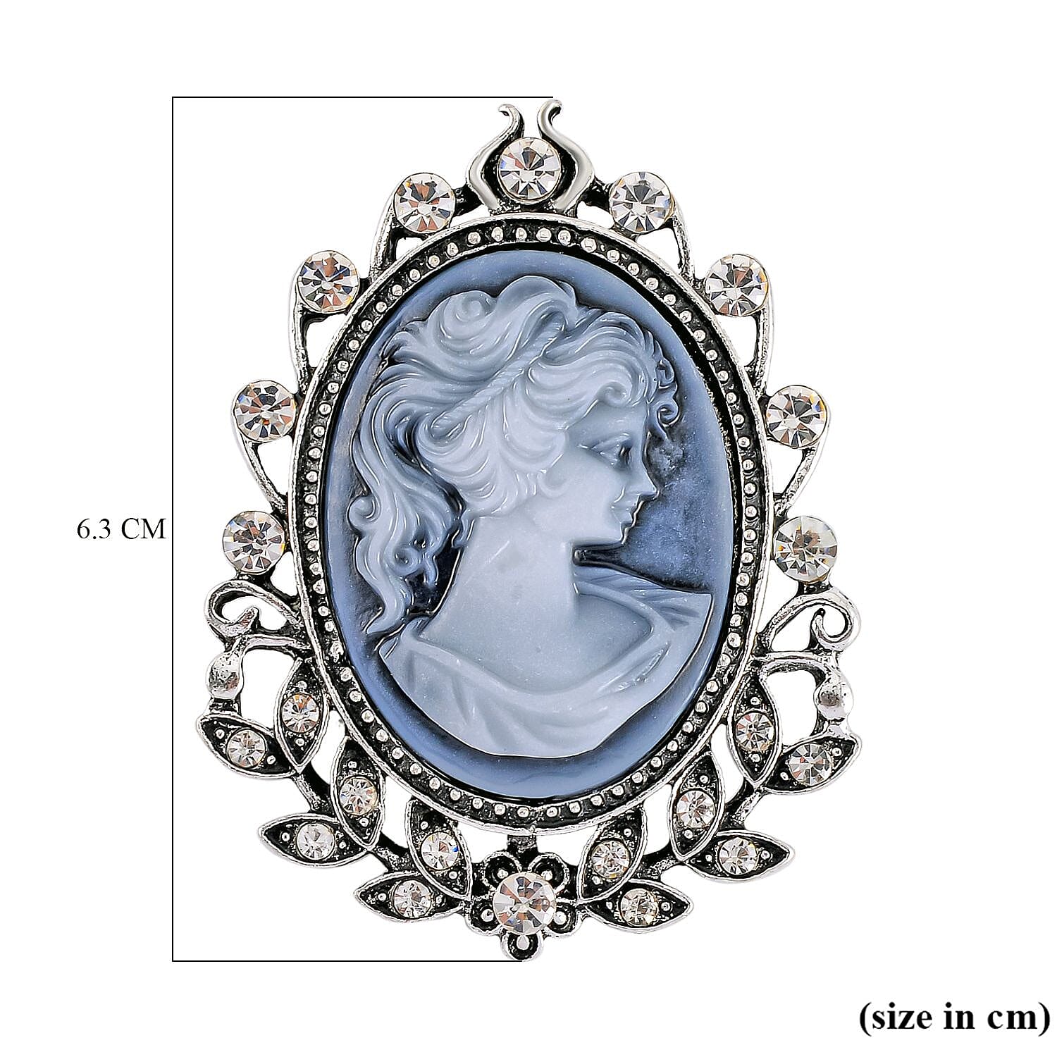 White Austrian Crystal Cameo Brooch in Antique Silver Tone