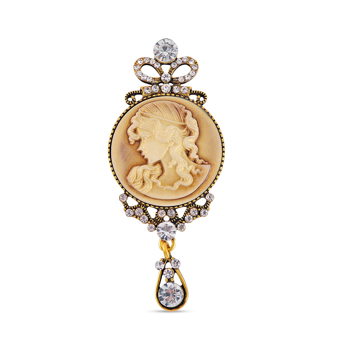White Austrian Crystal & Cameo Brooch in Antique Gold Tone