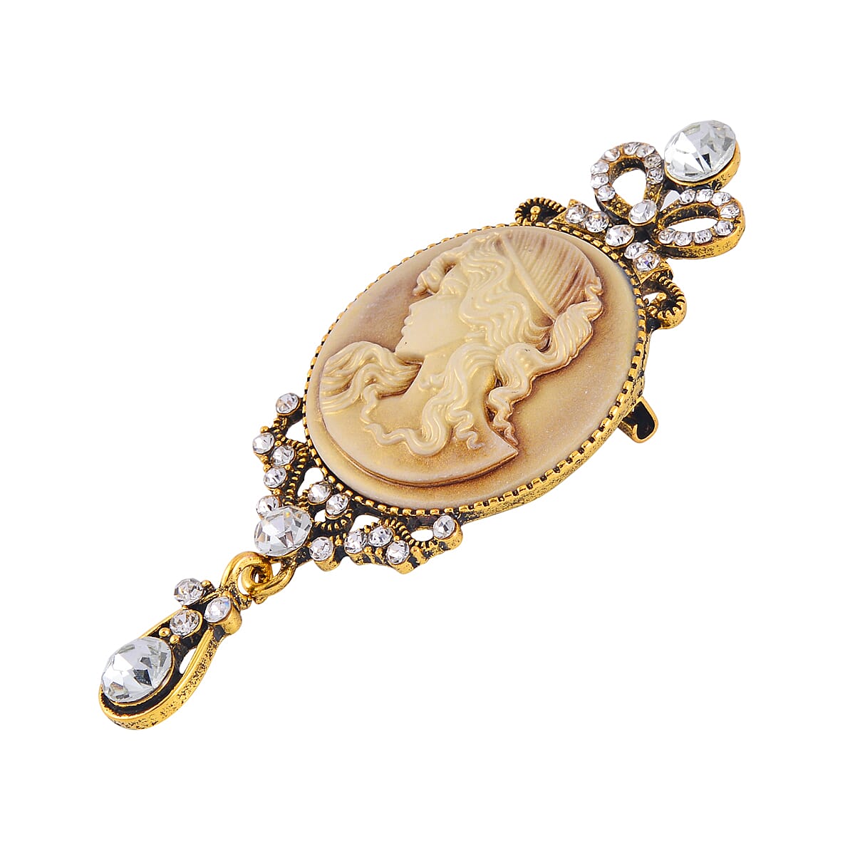 White Austrian Crystal & Cameo Brooch in Antique Gold Tone