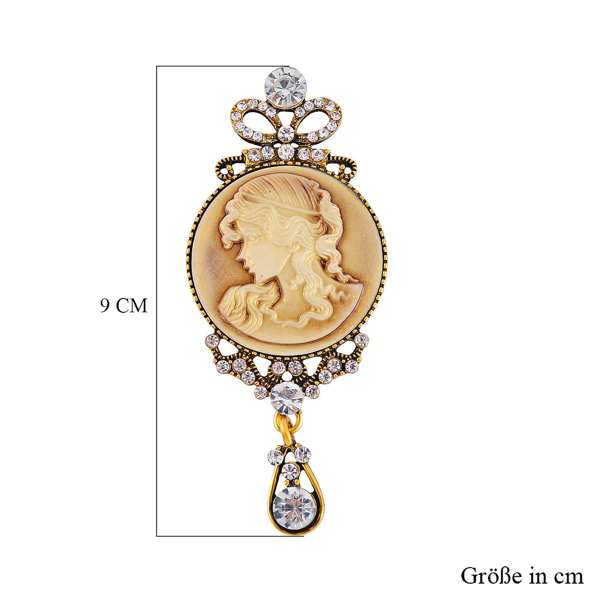 White Austrian Crystal & Cameo Brooch in Antique Gold Tone