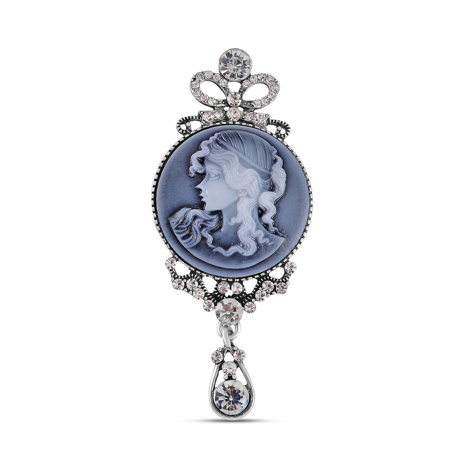 Cameo & White Austrian Crystal Brooch in Silver Tone