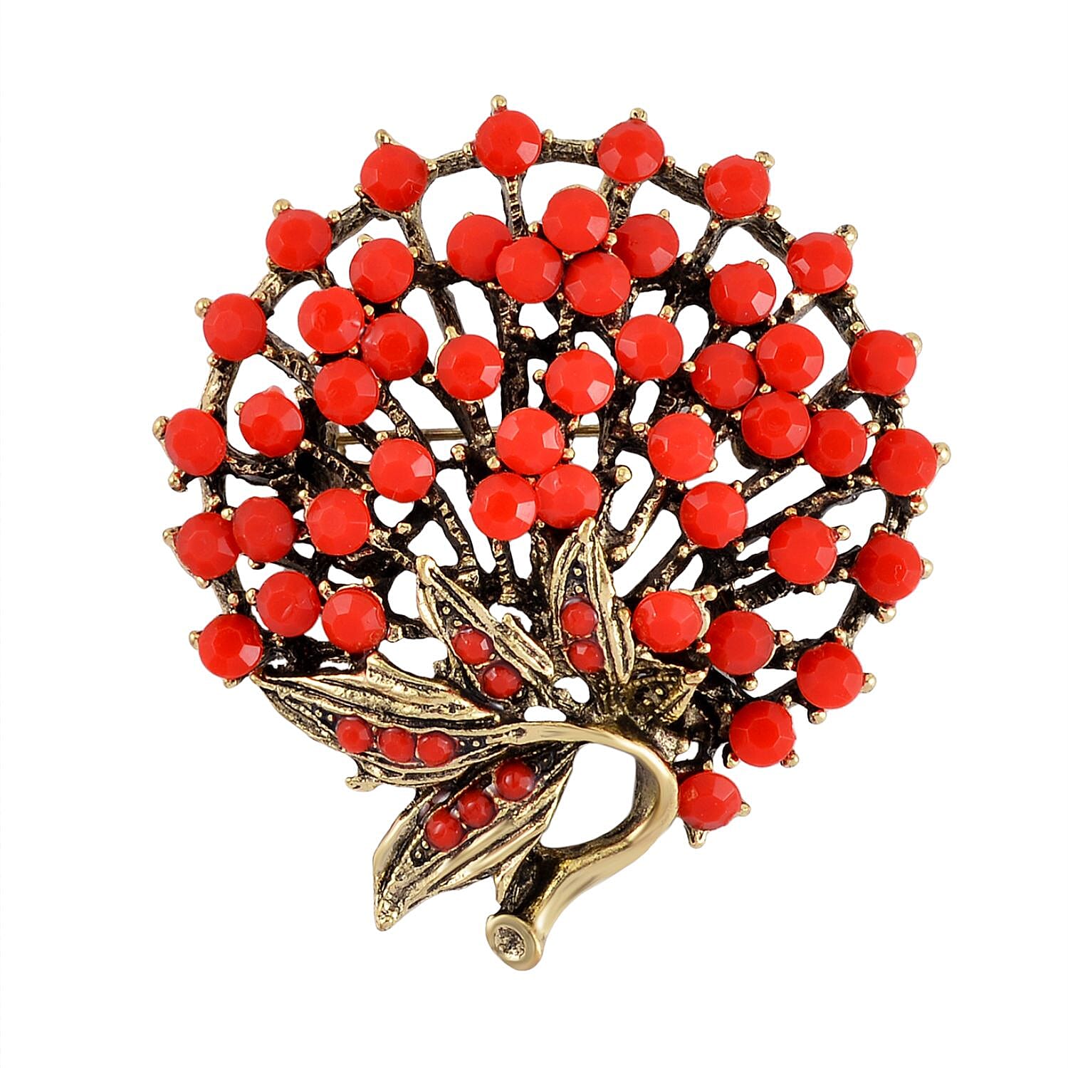 Austrian Red Crystal Brooch in Antique Gold Tone