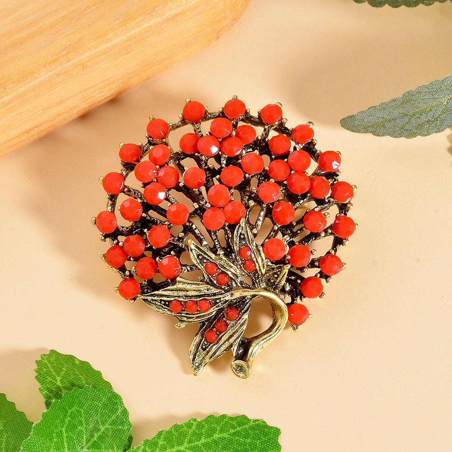Austrian Red Crystal Brooch in Antique Gold Tone