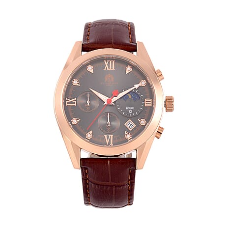 William Hunt Moissanite Moon Face Watch Japan Movt. Dark Grey Dial 5ATM WR Stainless Steel with Brown Leather Strap & Rose Gold Tone