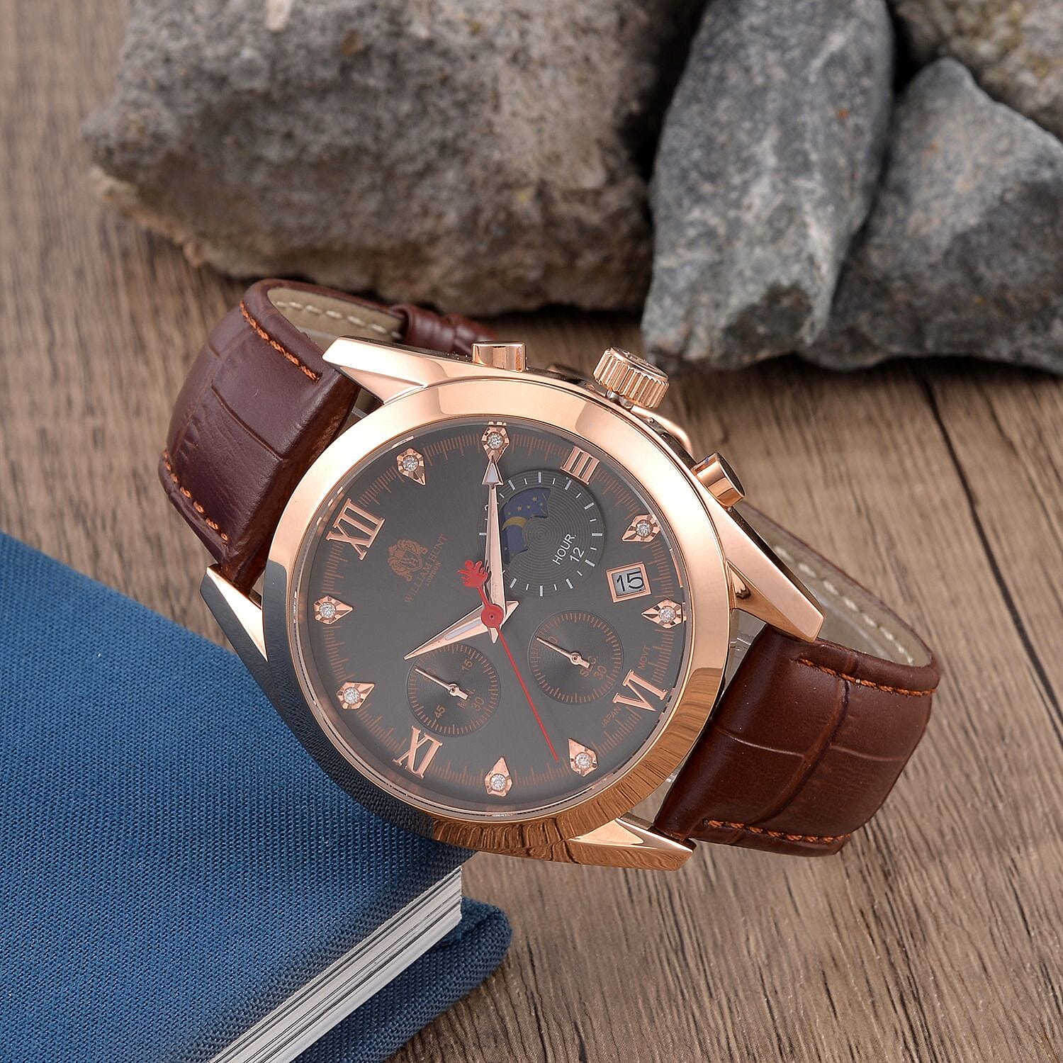 William Hunt Moissanite Moon Face Watch Japan Movt. Dark Grey Dial 5ATM WR Stainless Steel with Brown Leather Strap & Rose Gold Tone