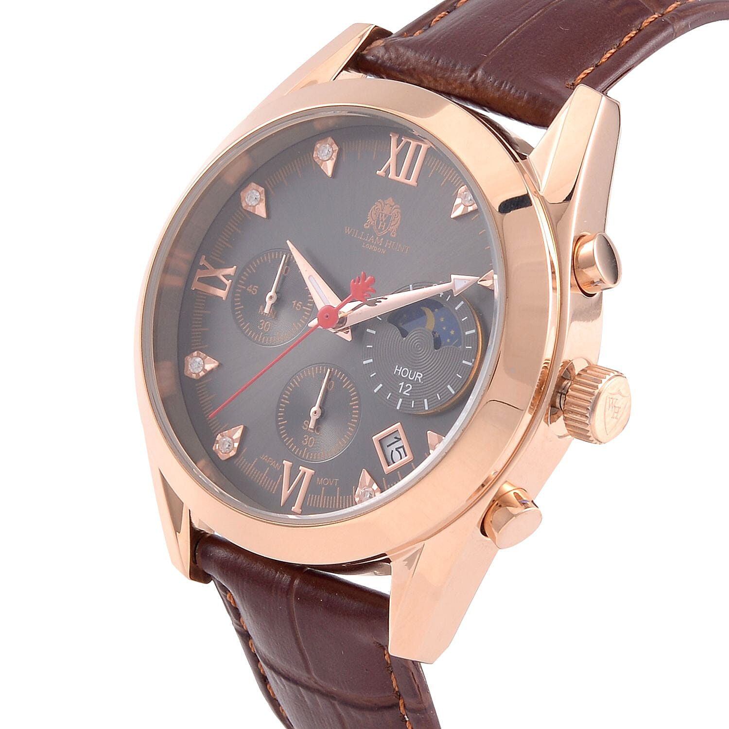 William Hunt Moissanite Moon Face Watch Japan Movt. Dark Grey Dial 5ATM WR Stainless Steel with Brown Leather Strap & Rose Gold Tone