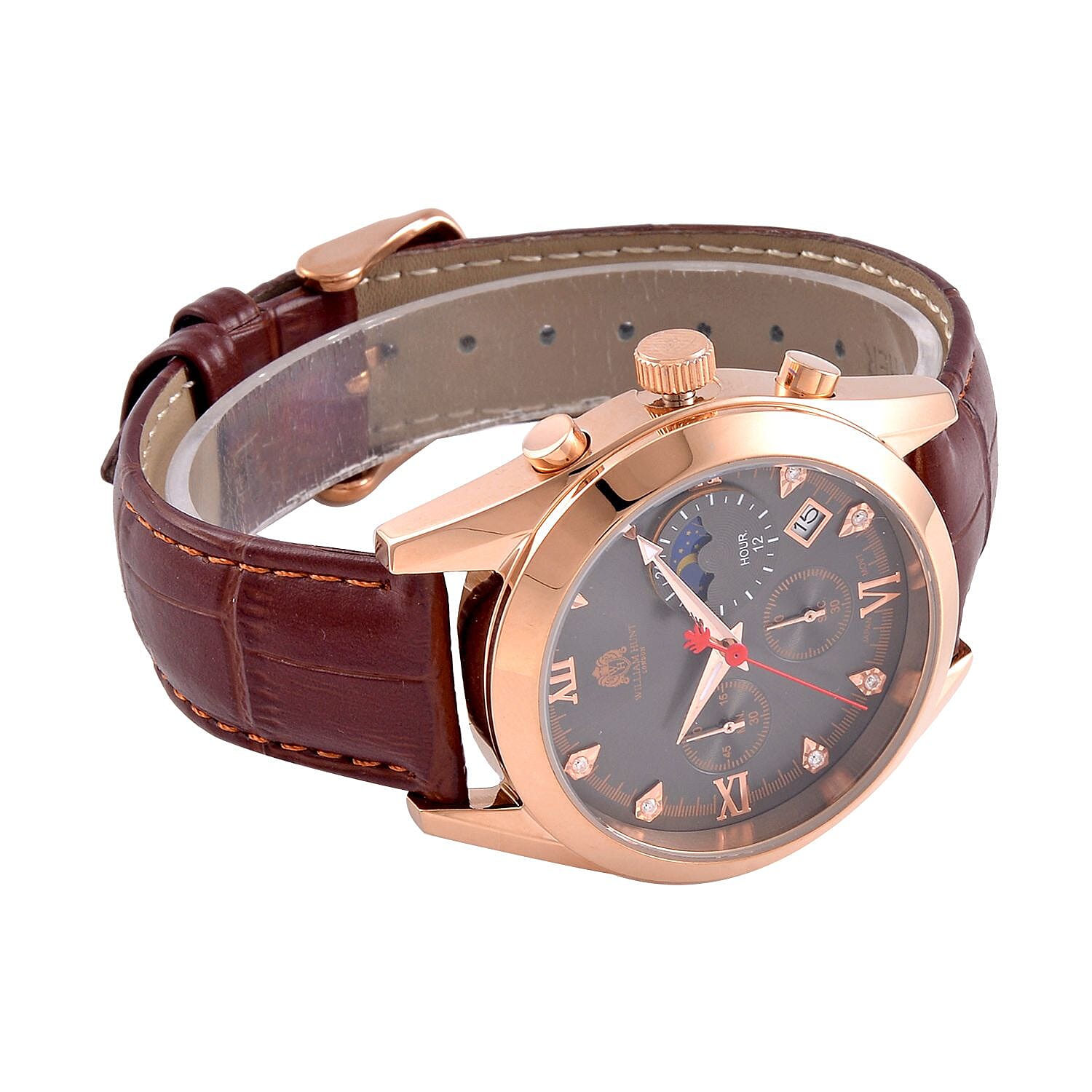 William Hunt Moissanite Moon Face Watch Japan Movt. Dark Grey Dial 5ATM WR Stainless Steel with Brown Leather Strap - Rose Gold Tone