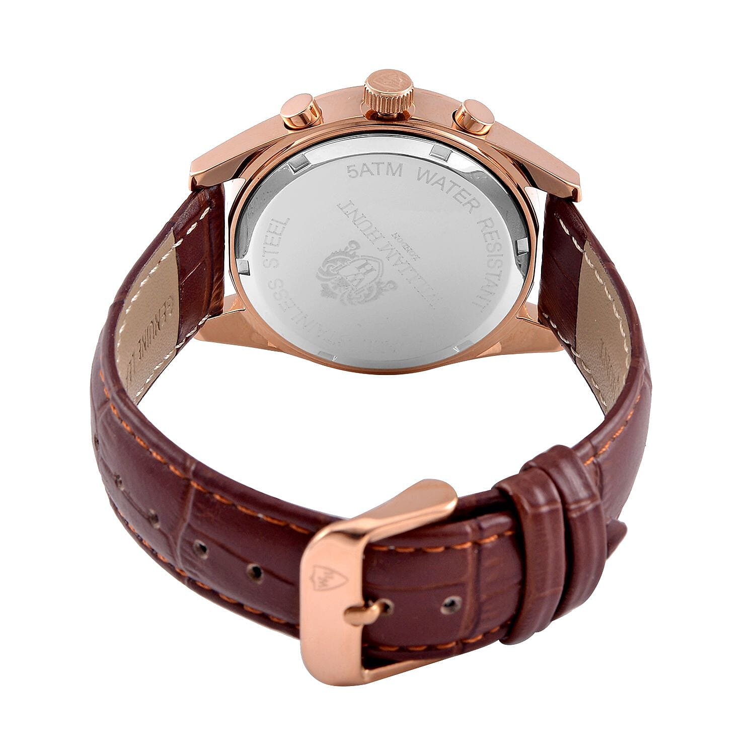 William Hunt Moissanite Moon Face Watch Japan Movt. Dark Grey Dial 5ATM WR Stainless Steel with Brown Leather Strap - Rose Gold Tone