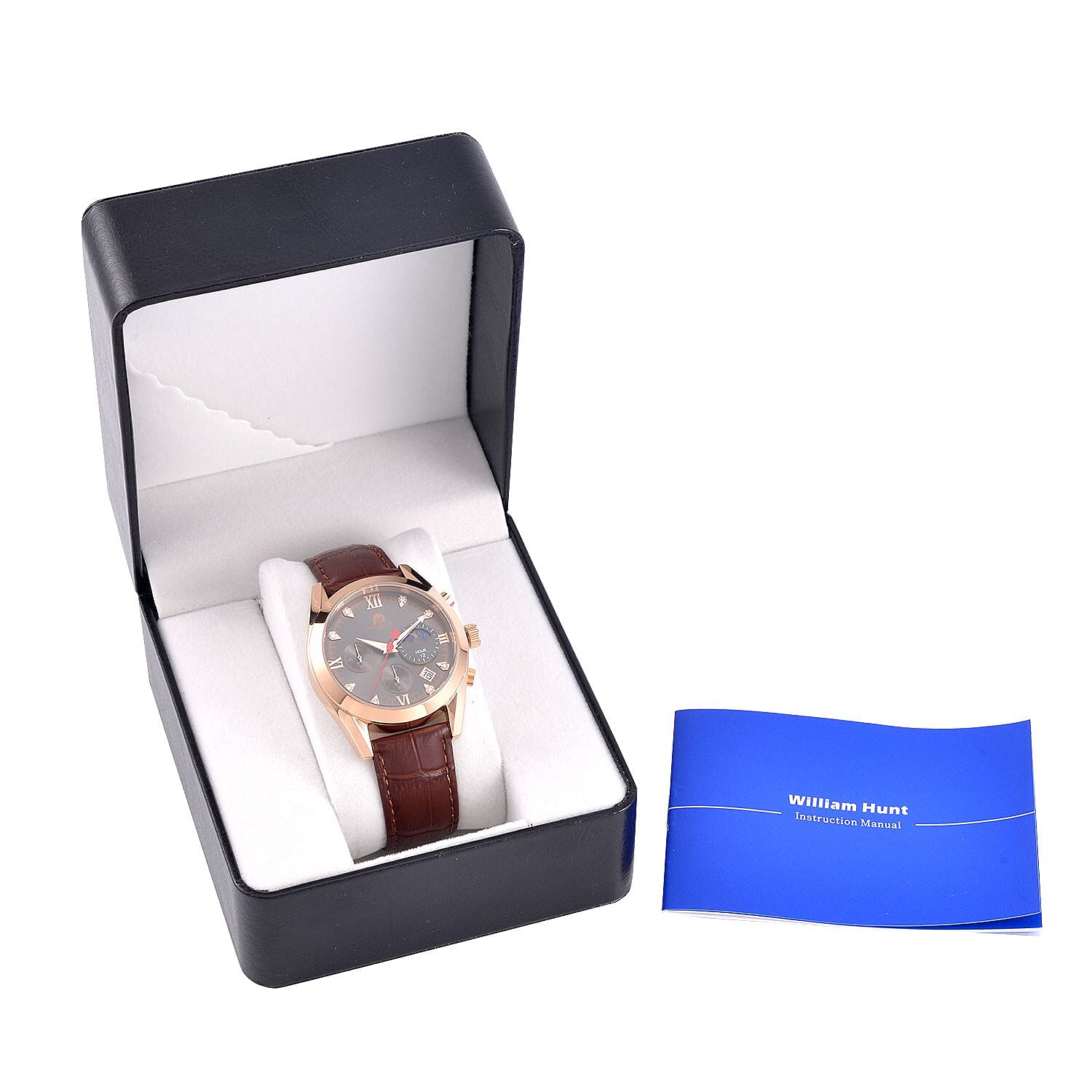 William Hunt Moissanite Moon Face Watch Japan Movt. Dark Grey Dial 5ATM WR Stainless Steel with Brown Leather Strap - Rose Gold Tone