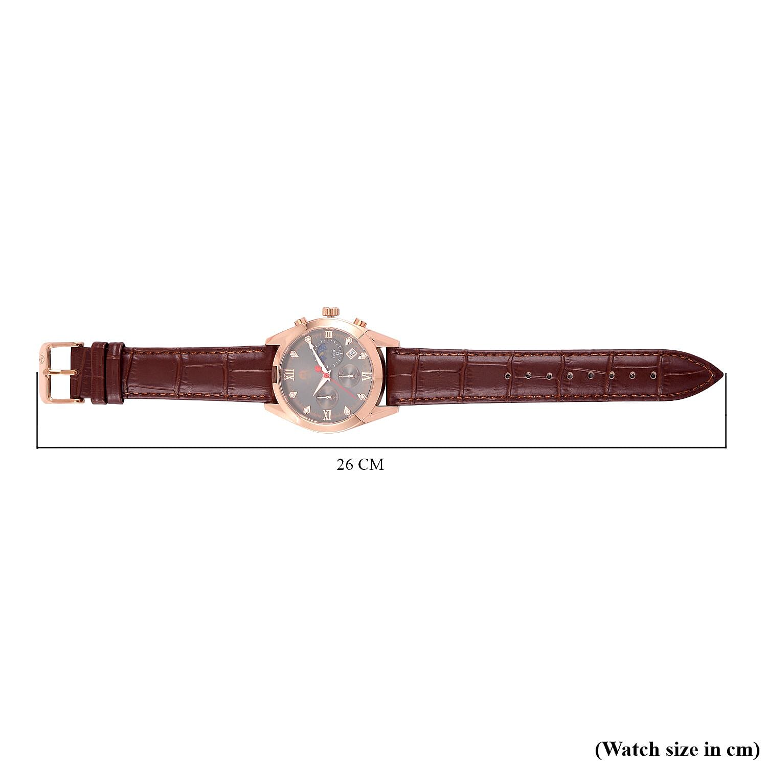 William Hunt Moissanite Moon Face Watch Japan Movt. Dark Grey Dial 5ATM WR Stainless Steel with Brown Leather Strap - Rose Gold Tone