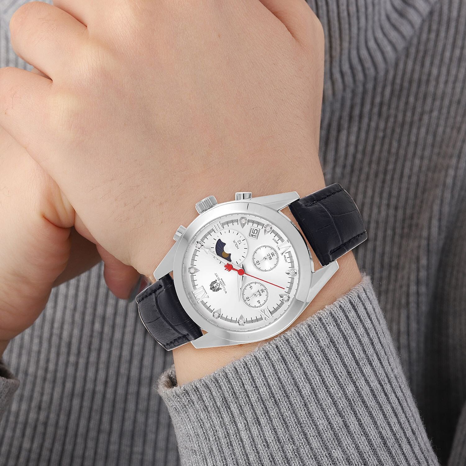 William Hunt Moissanite Watch 40 mm White Dial 5ATM Water Resistance Stainless Steel with Black Leather strap