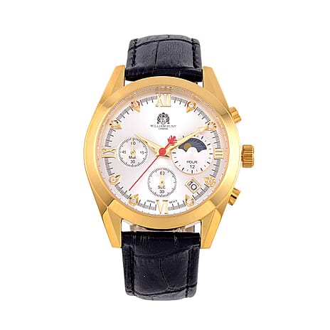 William Hunt Moissanite Watch 40 mm White Dial 5ATM Water Resistance Stainless Steel with Black Leather strap & Gold Tone