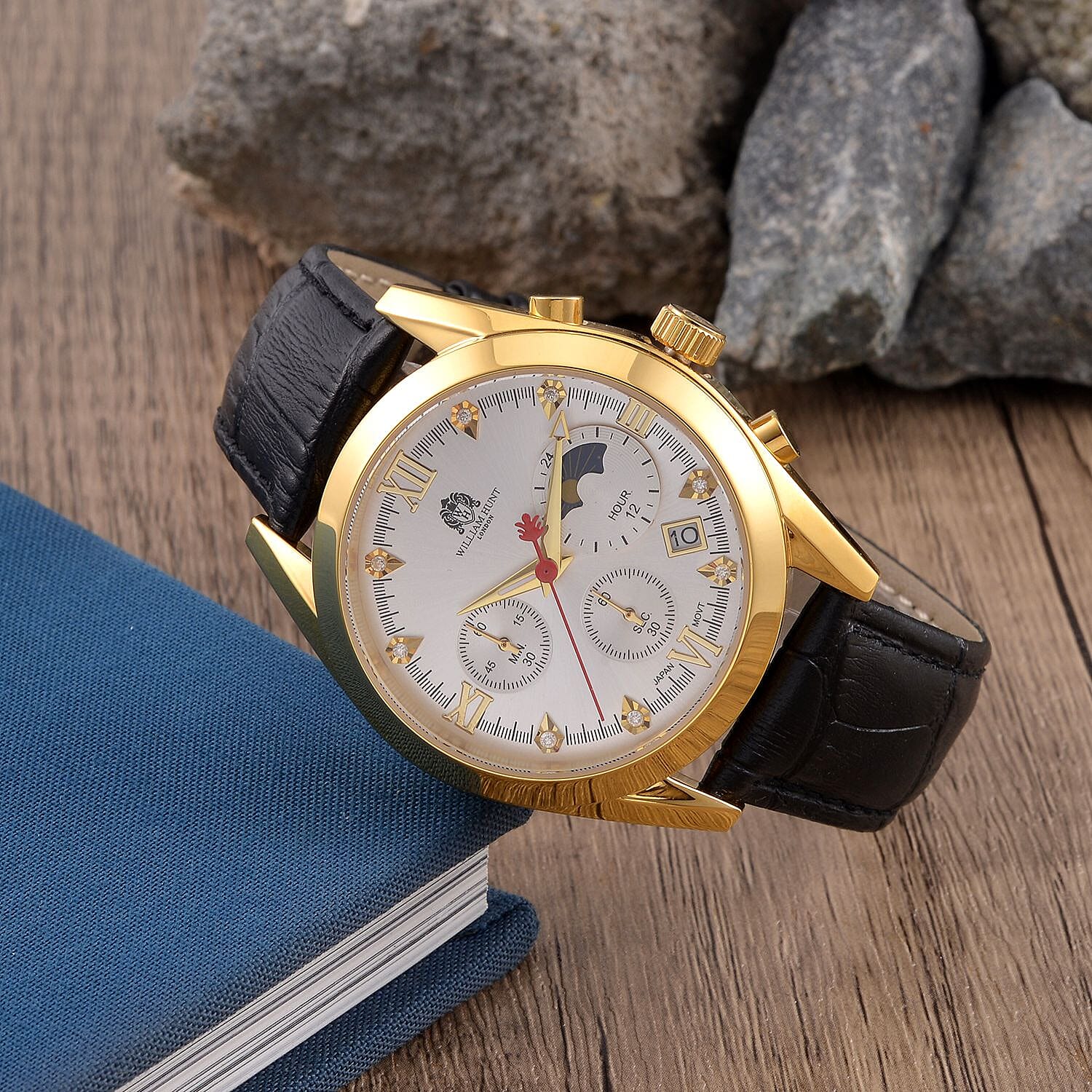William Hunt Moissanite Watch 40 mm White Dial 5ATM Water Resistance Stainless Steel with Black Leather strap - Gold Tone