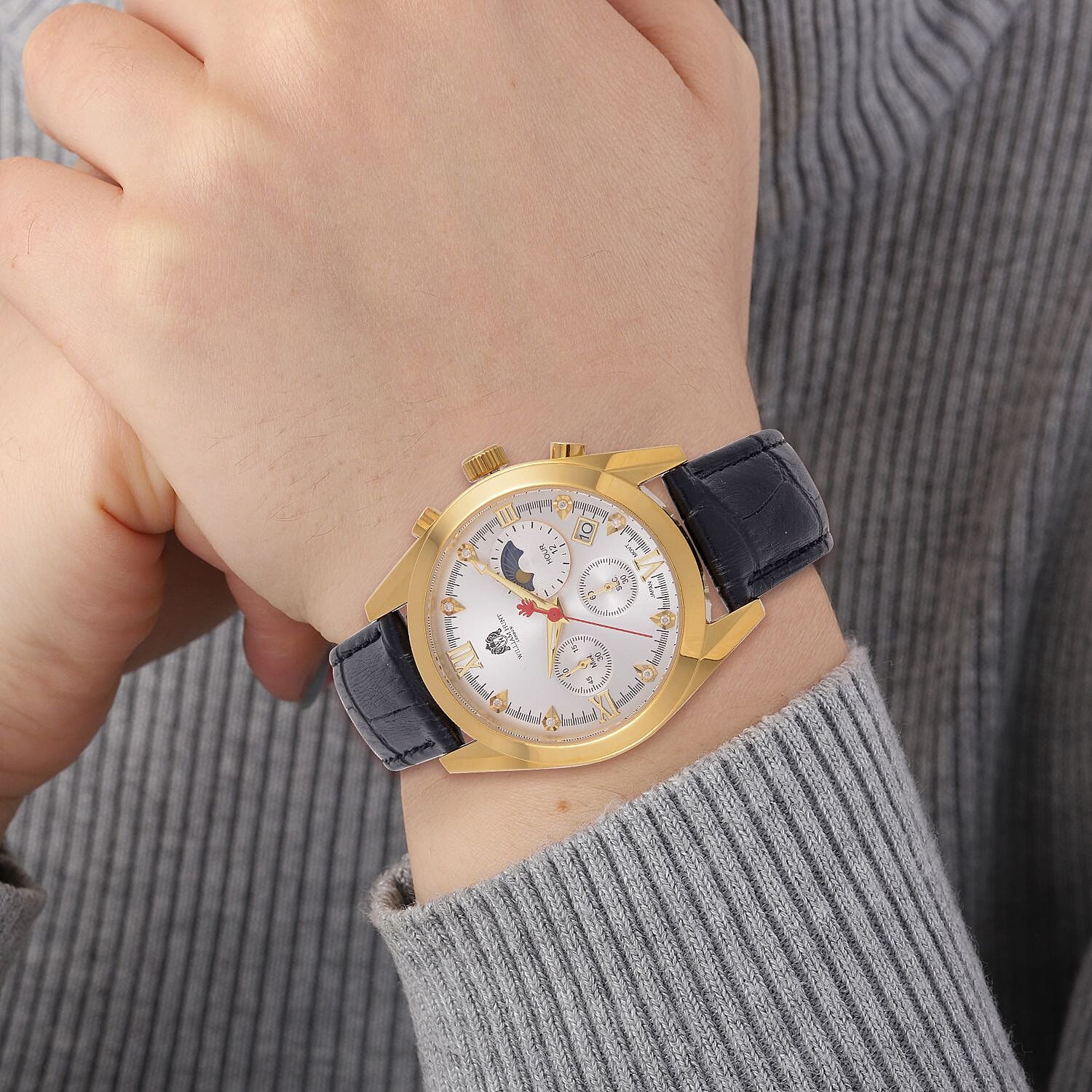 William Hunt Moissanite Watch 40 mm White Dial 5ATM Water Resistance Stainless Steel with Black Leather strap - Gold Tone