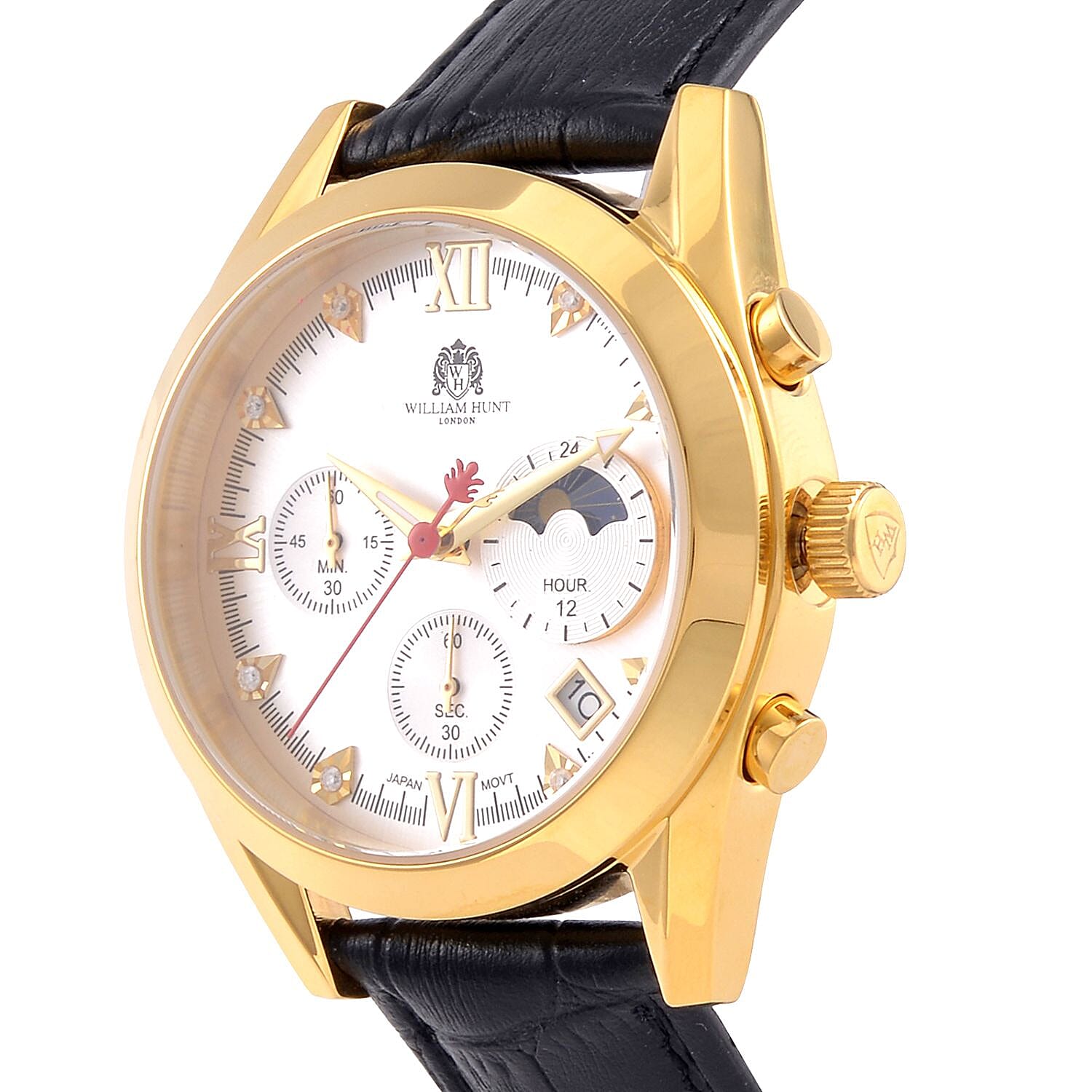William Hunt Moissanite Watch 40 mm White Dial 5ATM Water Resistance Stainless Steel with Black Leather strap - Gold Tone
