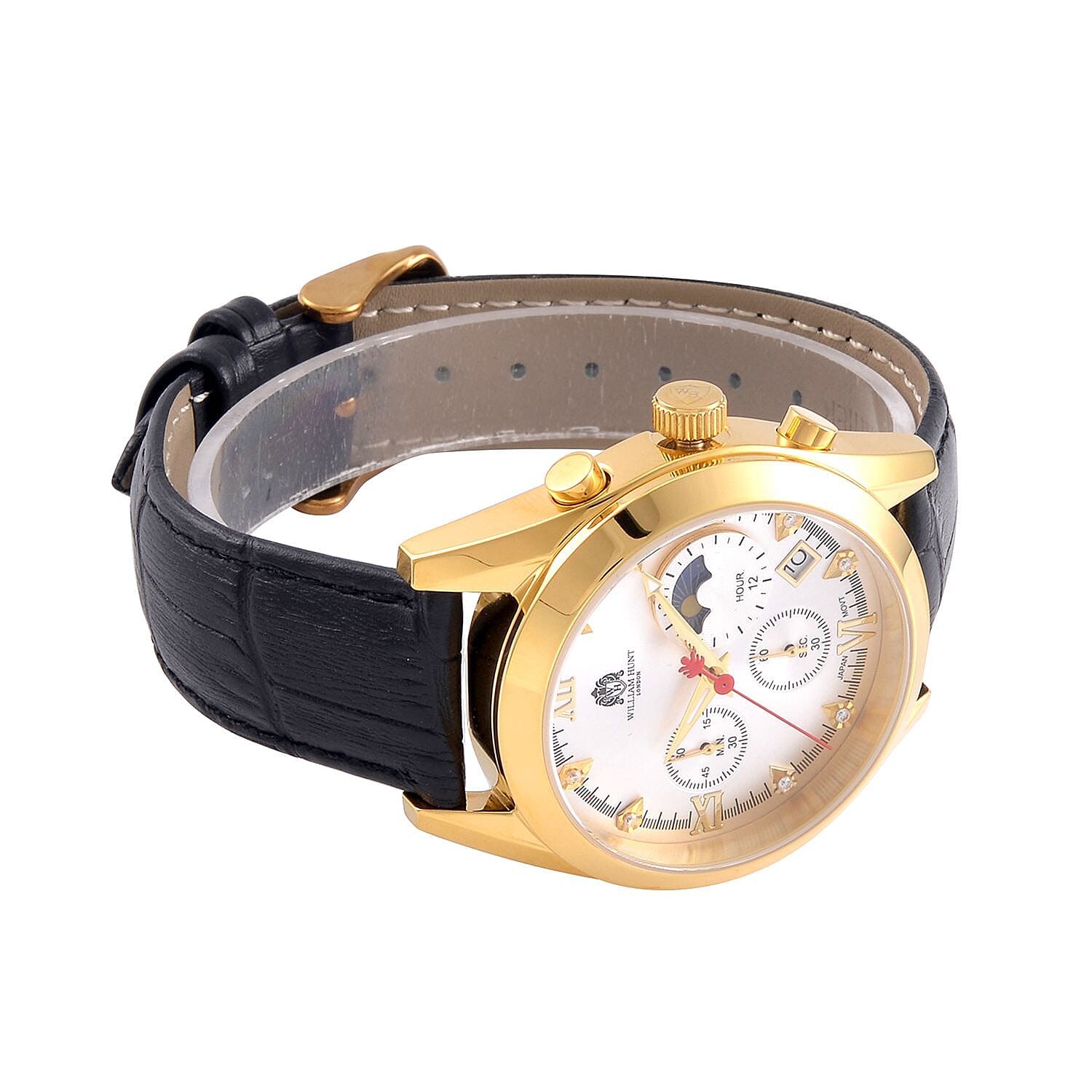 William Hunt Moissanite Watch 40 mm White Dial 5ATM Water Resistance Stainless Steel with Black Leather strap - Gold Tone