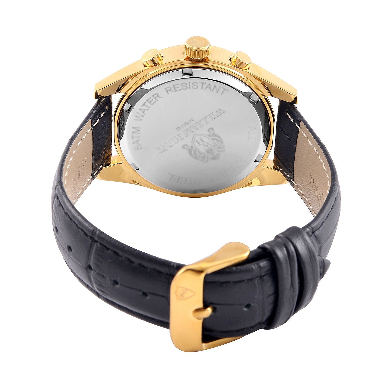 William Hunt Moissanite Watch 40 mm White Dial 5ATM Water Resistance Stainless Steel with Black Leather strap - Gold Tone