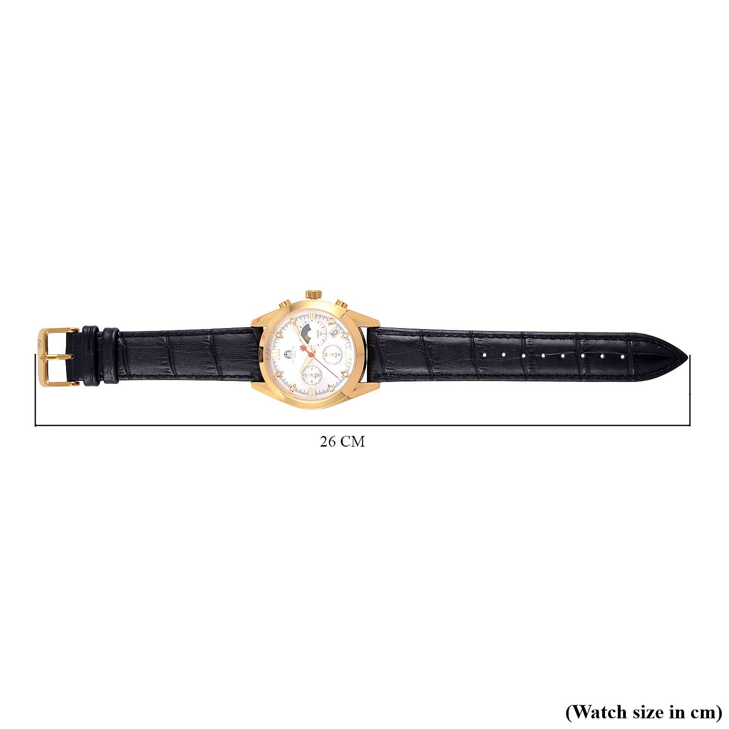 William Hunt Moissanite Watch 40 mm White Dial 5ATM Water Resistance Stainless Steel with Black Leather strap - Gold Tone
