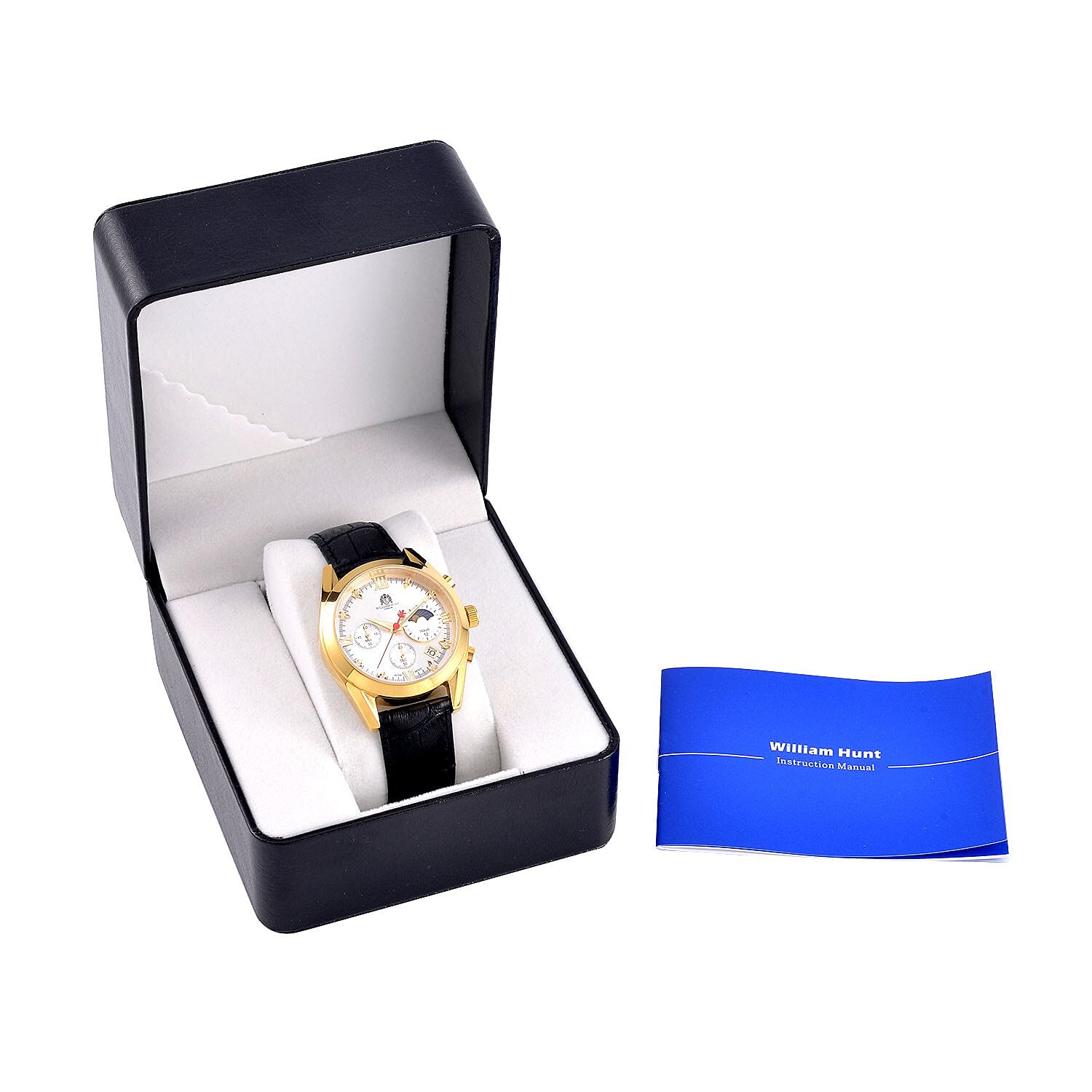 William Hunt Moissanite Watch 40 mm White Dial 5ATM Water Resistance Stainless Steel with Black Leather strap - Gold Tone