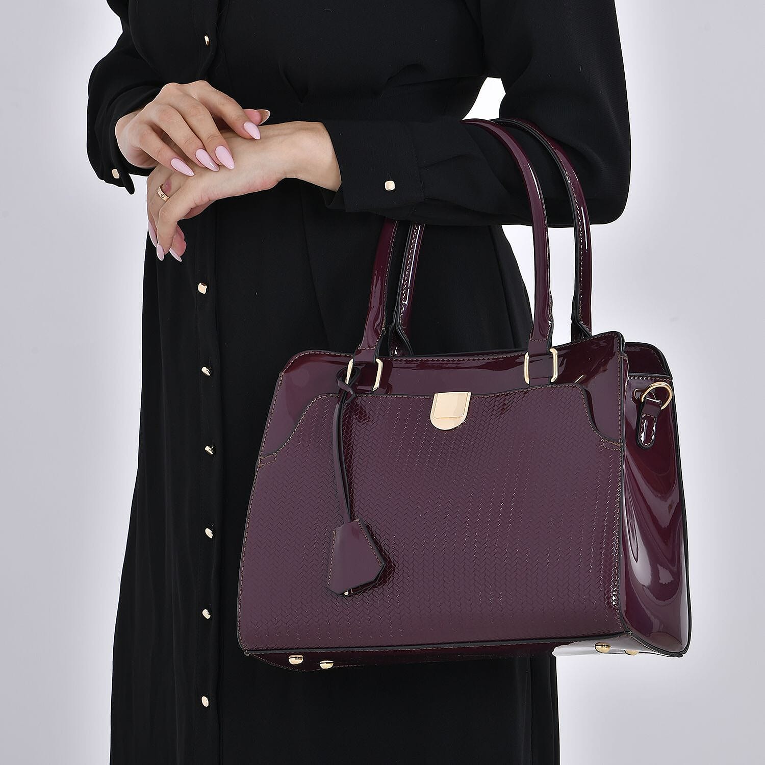 Leatherette Crossbody Bag with Dual Handle Drop - Adjustable Shoulder Strap - Burgundy