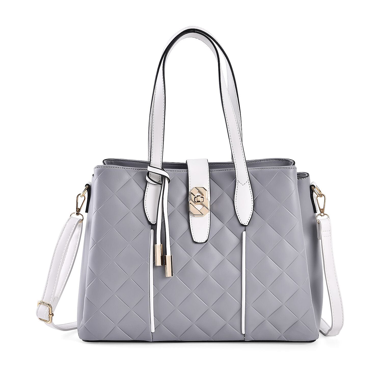 Leatherette Embossed Checker Pattern Crossbody Bag with Handle Drop & Adjustable Shoulder Strap - Grey