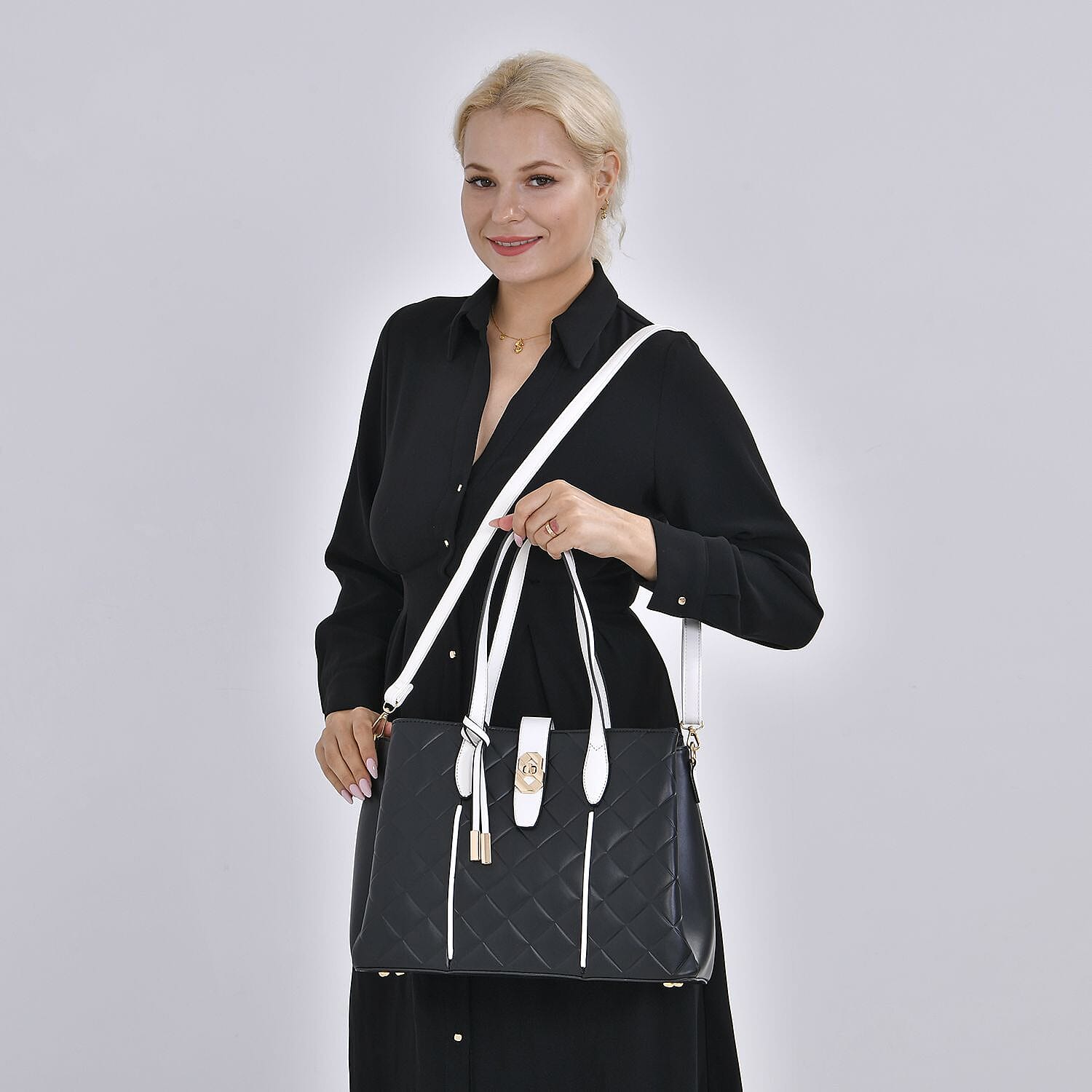 Leatherette Embossed Checker Pattern Crossbody Bag with Handle Drop - Adjustable Shoulder Strap - Black