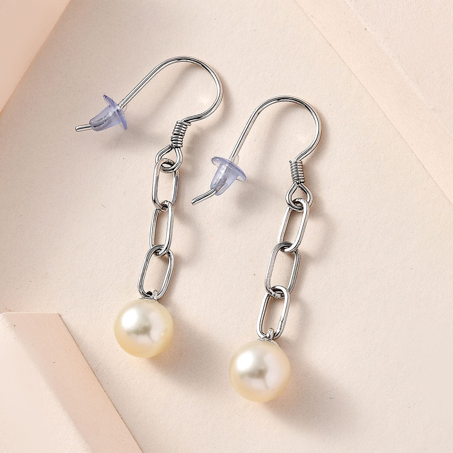 White South Sea Pearl Paperclip Dangle Earrings in Rhodium Overlay Sterling Silver