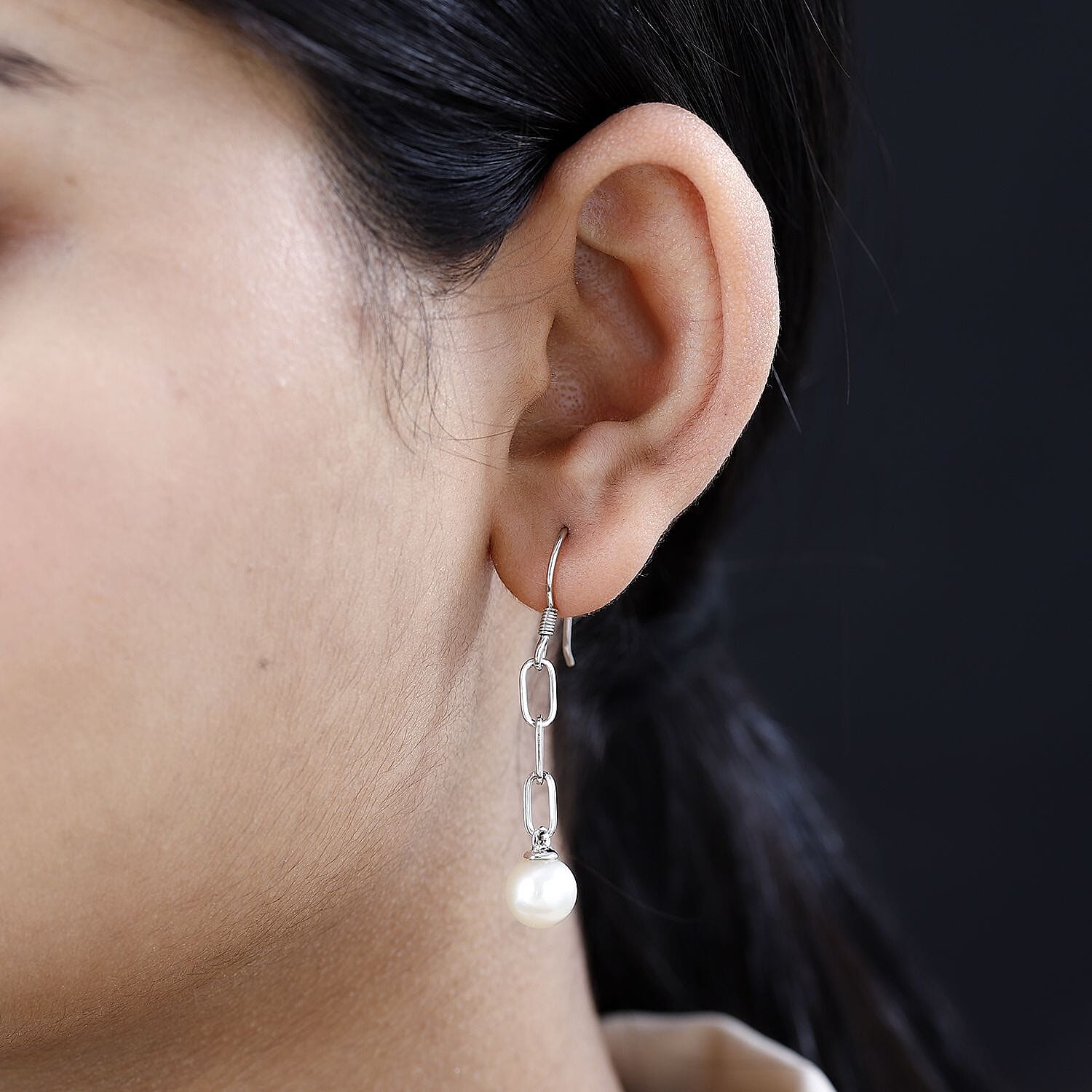 White South Sea Pearl Paperclip Dangle Earrings in Rhodium Overlay Sterling Silver