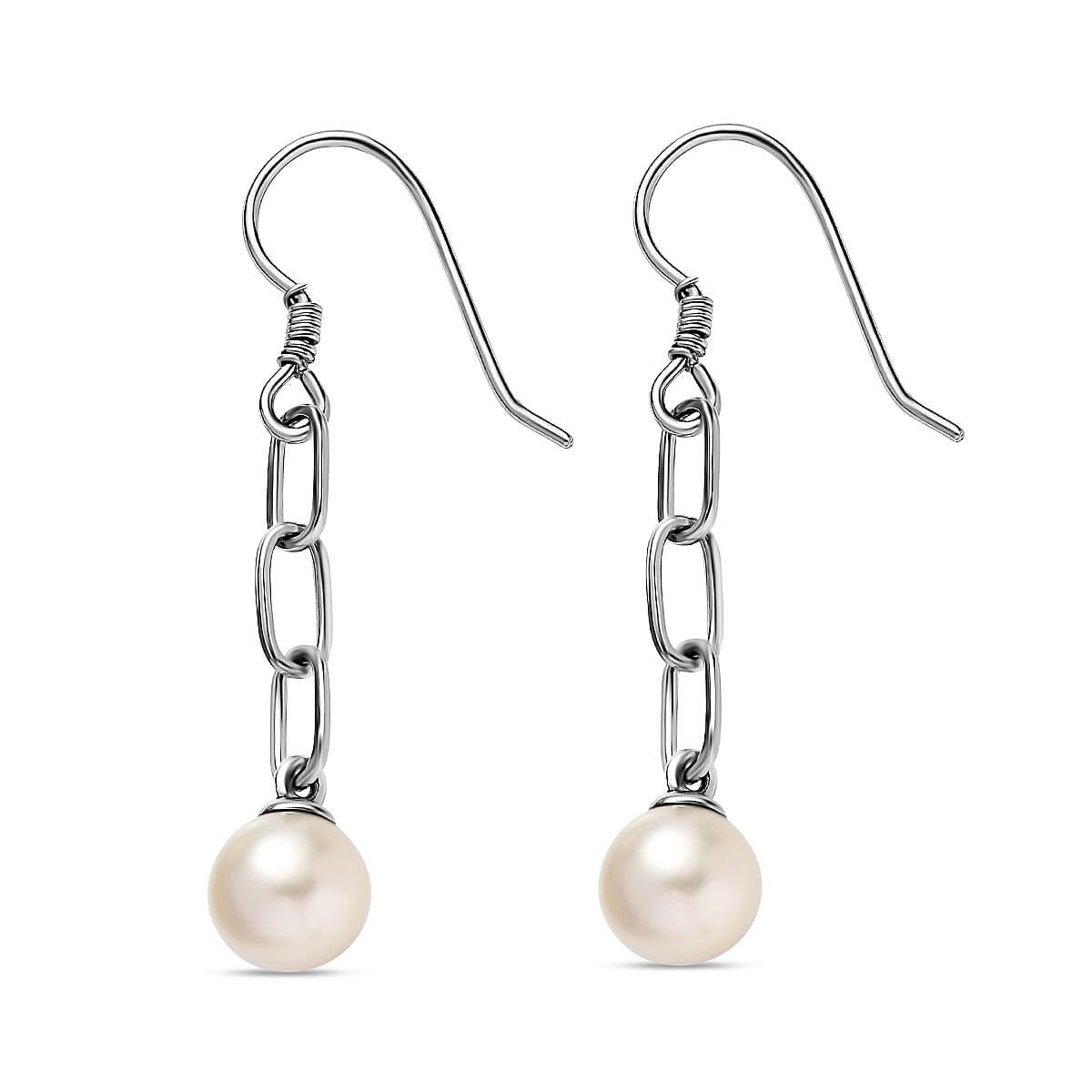 White South Sea Pearl Paperclip Dangle Earrings in Rhodium Overlay Sterling Silver