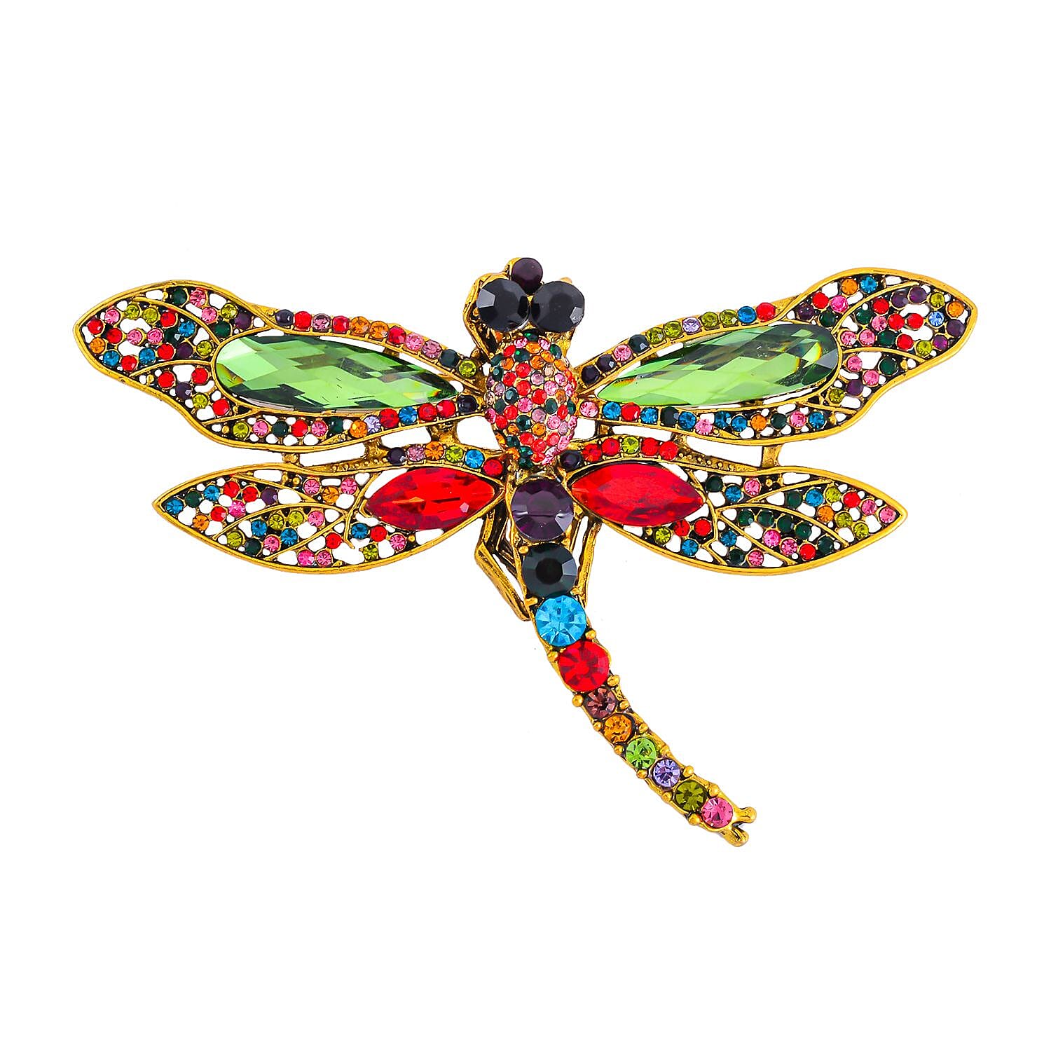 Multi Colour Austrian Crystal Dragonfly Brooch in Antique Gold Tone