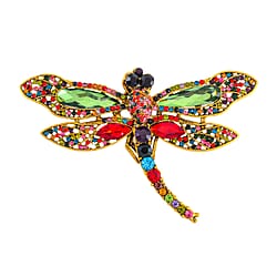 Multi Colour Austrian Crystal Dragonfly Brooch in Antique Gold Tone