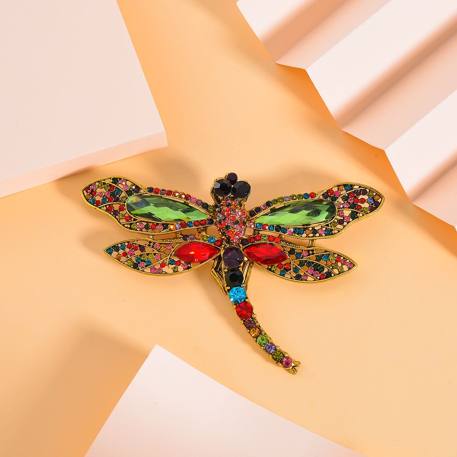 Multi Colour Austrian Crystal Dragonfly Brooch in Antique Gold Tone