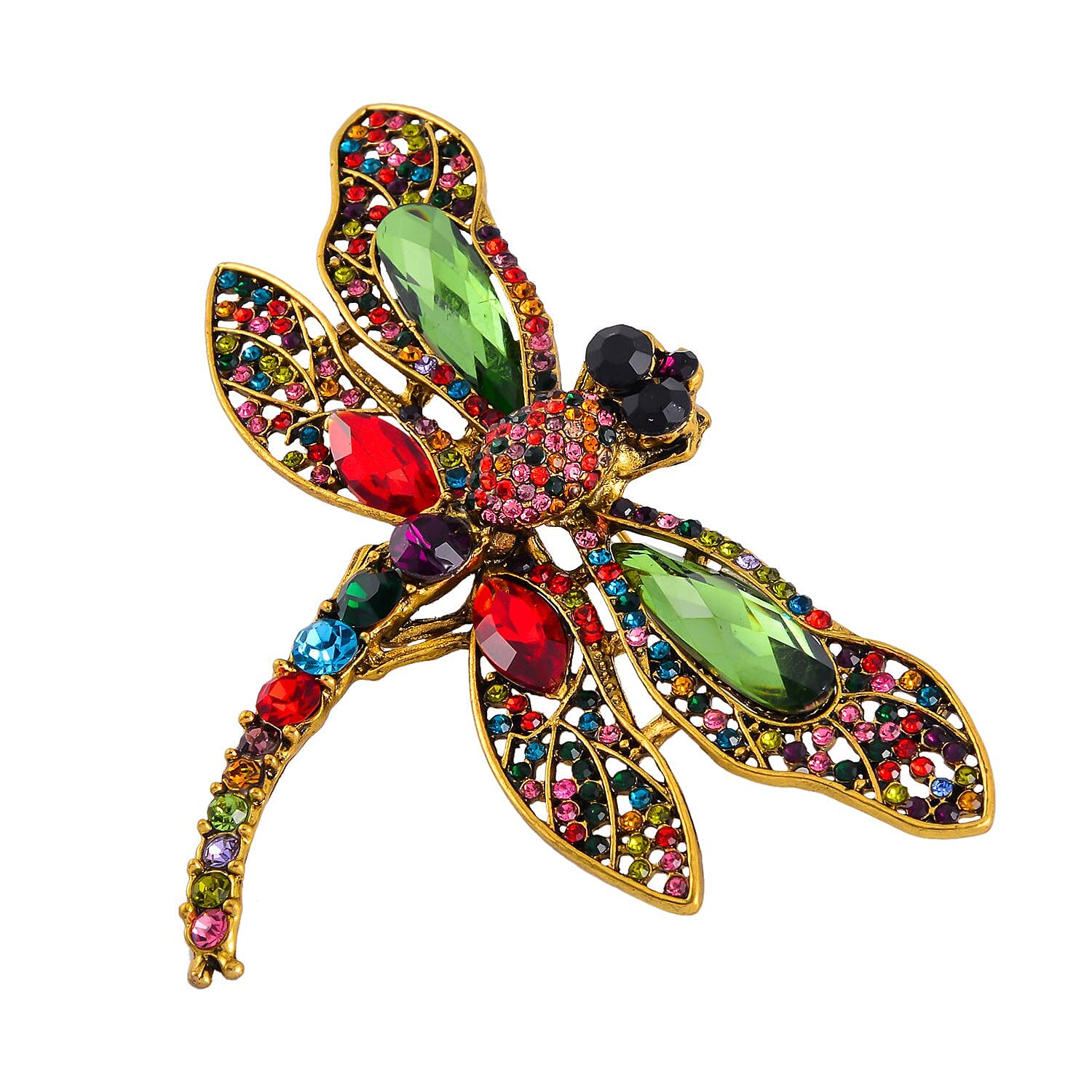 Multi Colour Austrian Crystal Dragonfly Brooch in Antique Gold Tone